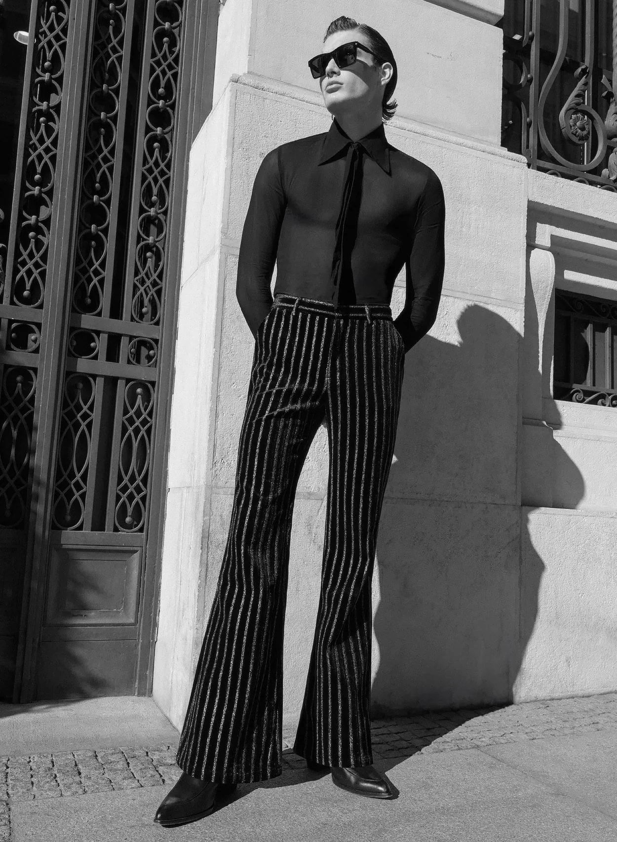 Black Silver Stripe Velvet Flare Trousers - Image 4