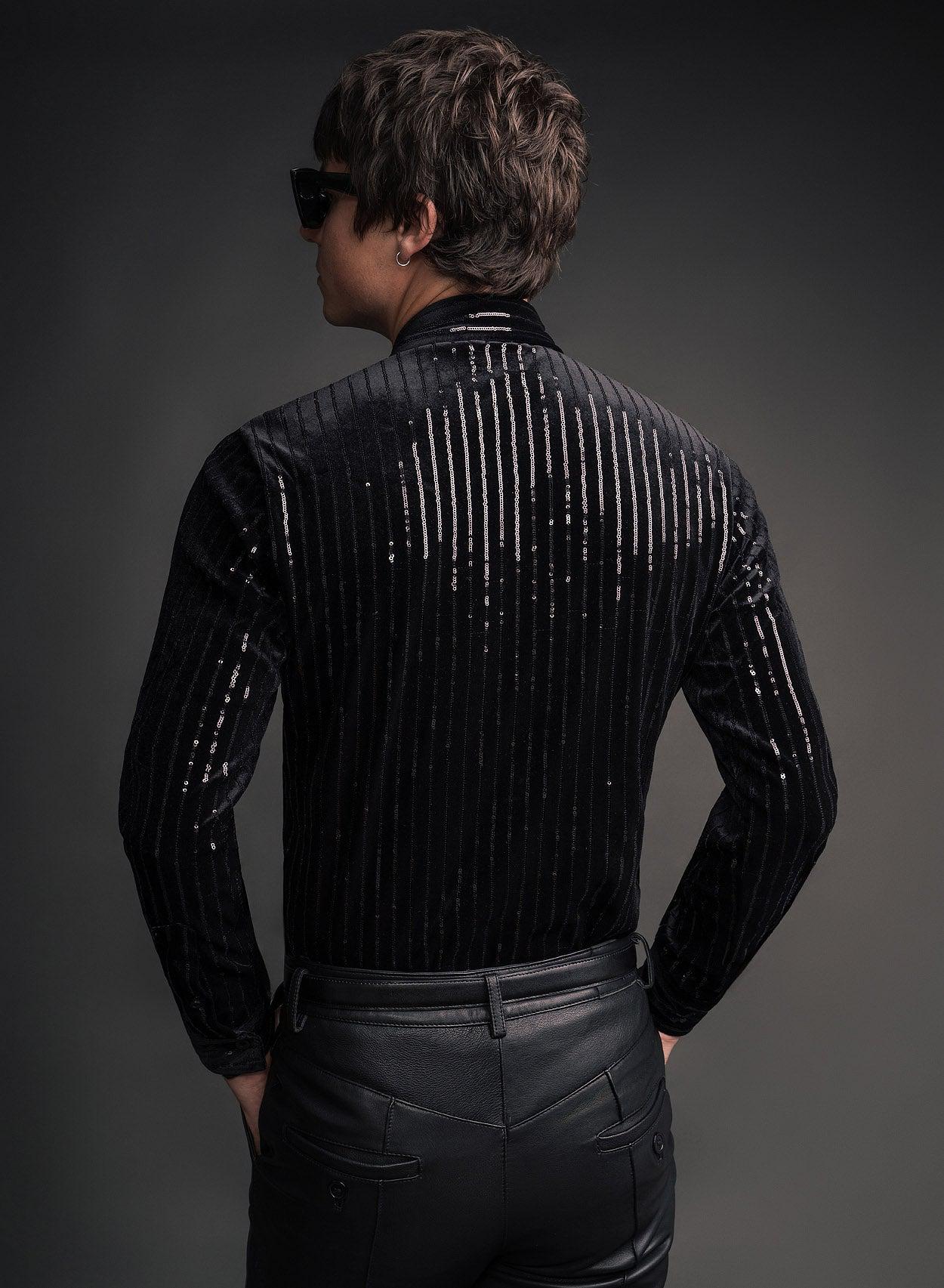 Black Velvet Sequin Pinstripe Shirt - Image 5