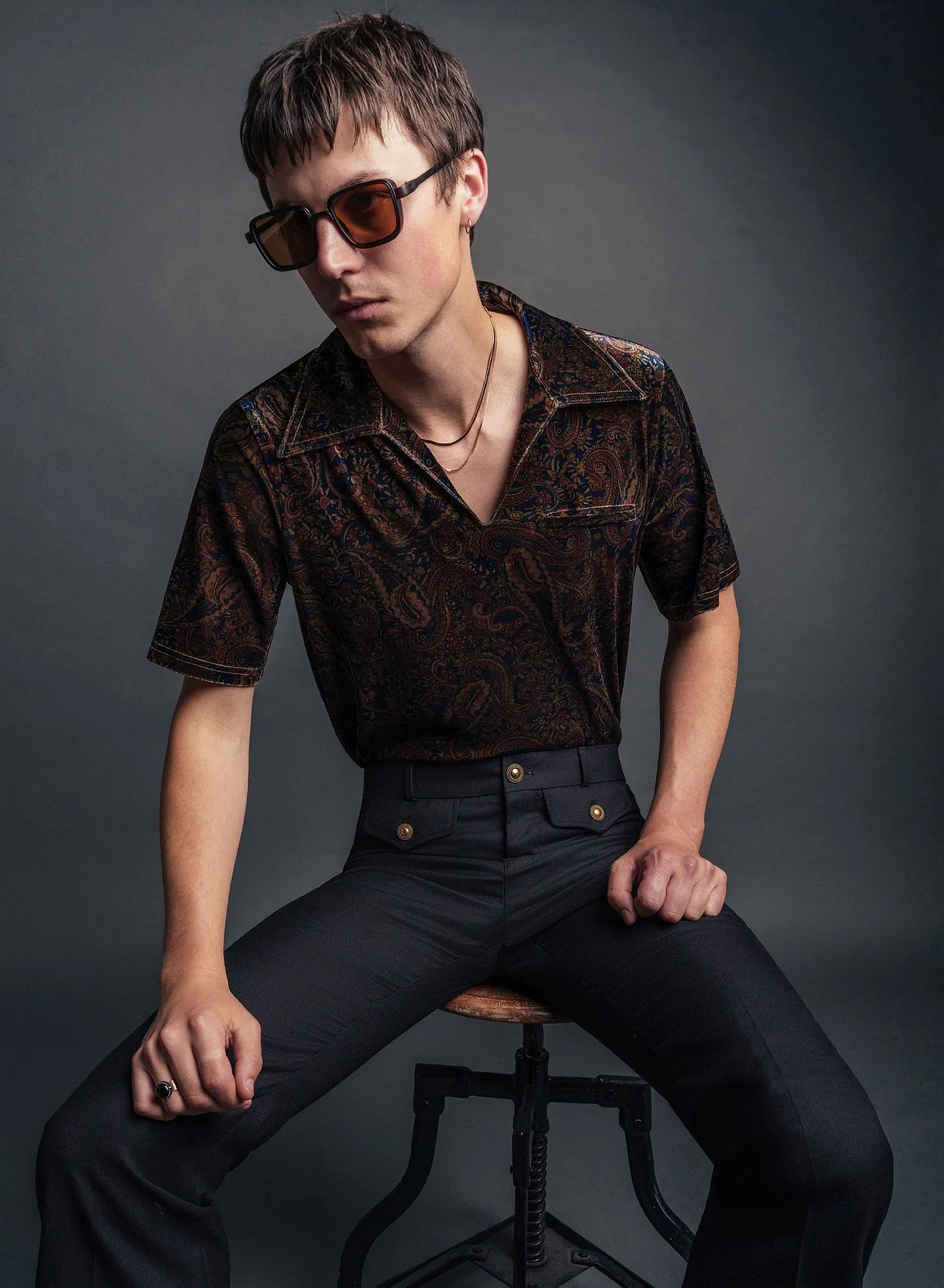 Black Wool Gold Button Flare Trouser - Image 4