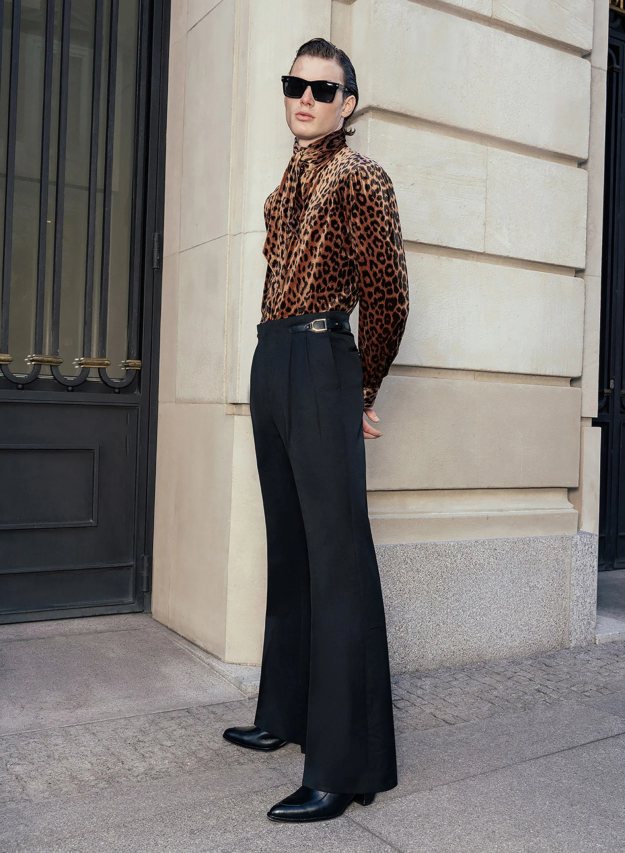 Black Wool Leather Side Buckle Wide Leg Flare Trouser - Image 7