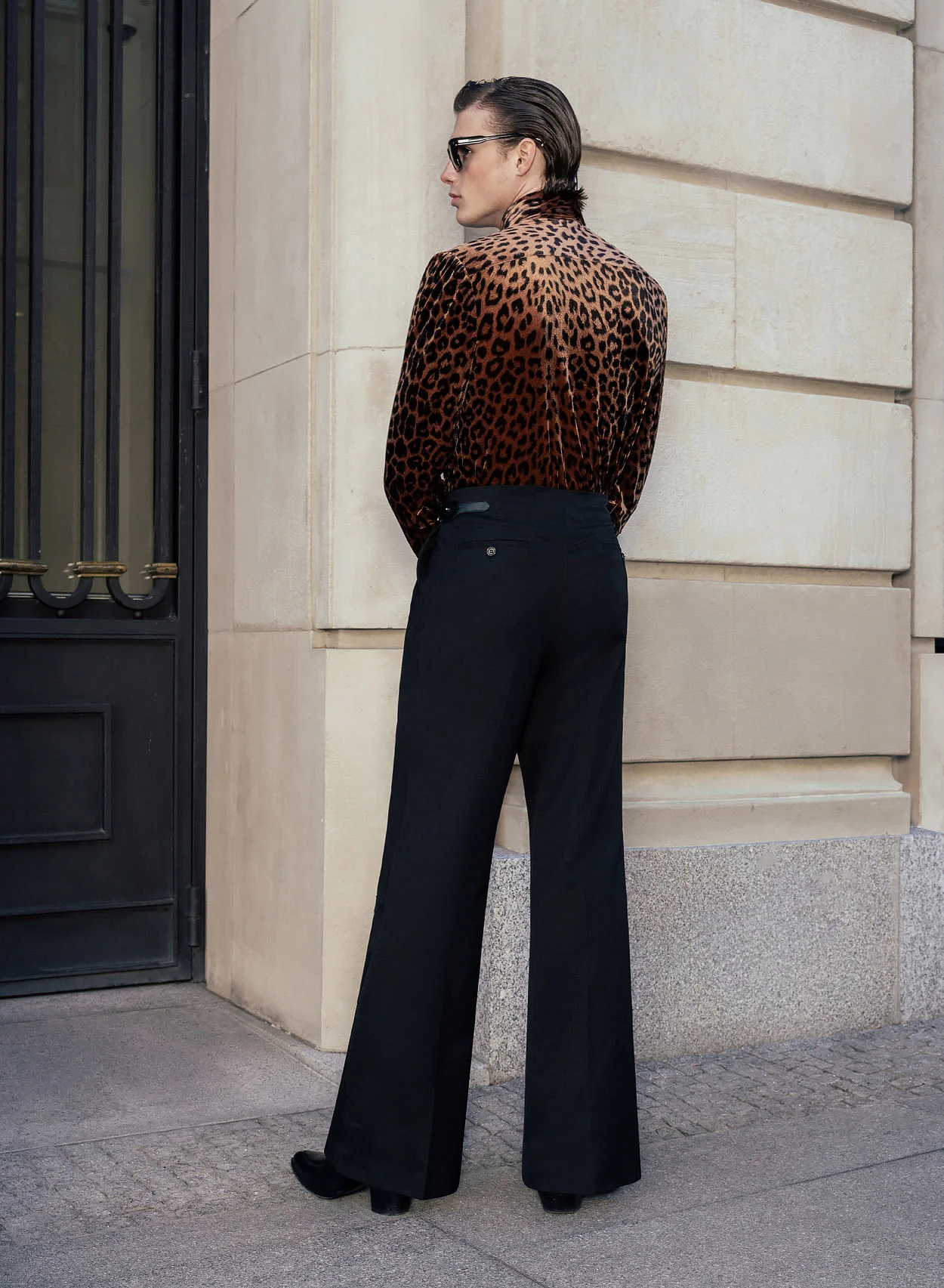 Black Wool Leather Side Buckle Wide Leg Flare Trouser - Image 9
