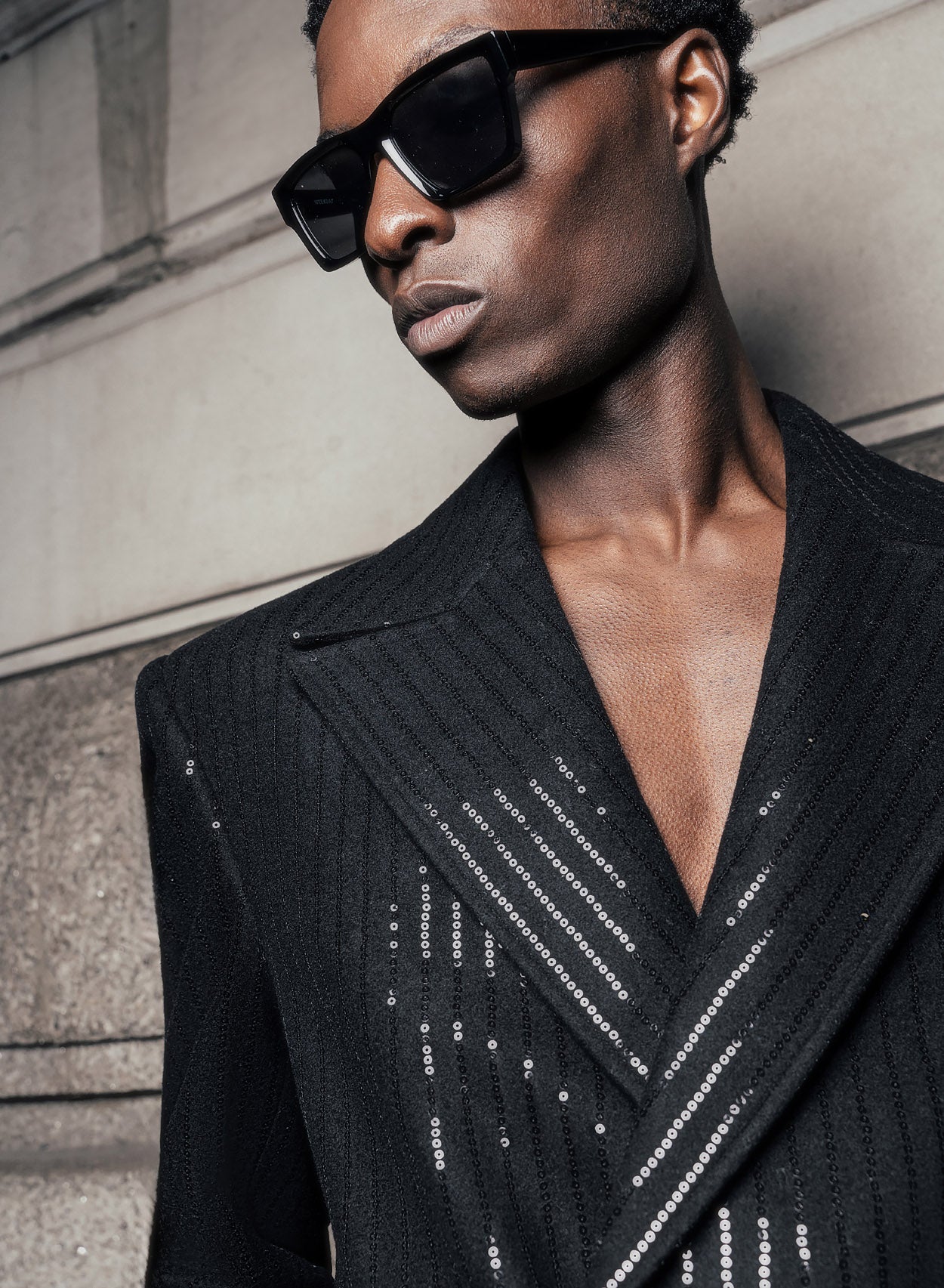 Double Breasted Sequin Embellished Long Length Stripe Wool Coat - Image 3