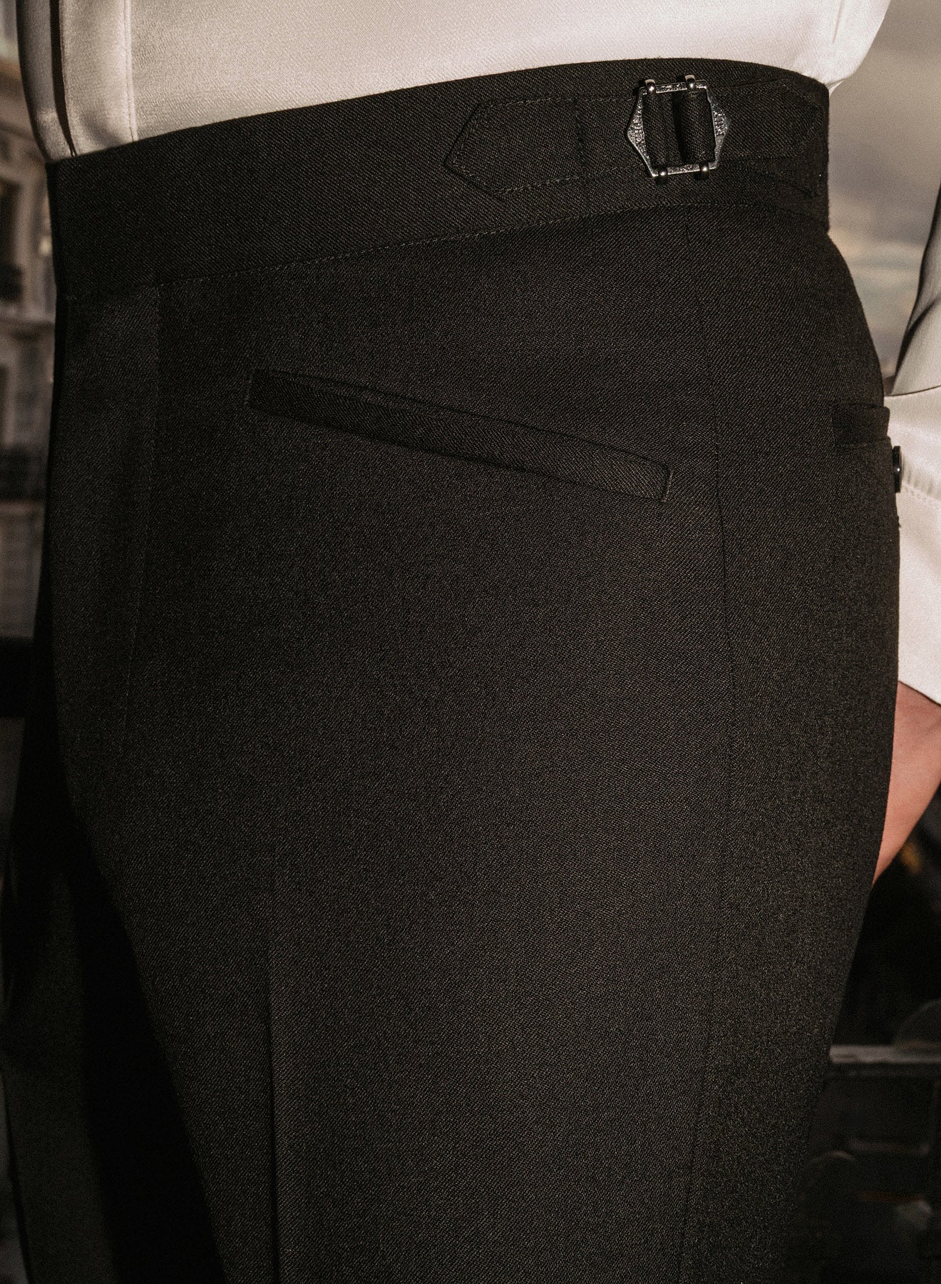 Black Pure Wool Slim-Fit Flare Side Buckle Trousers - Image 3