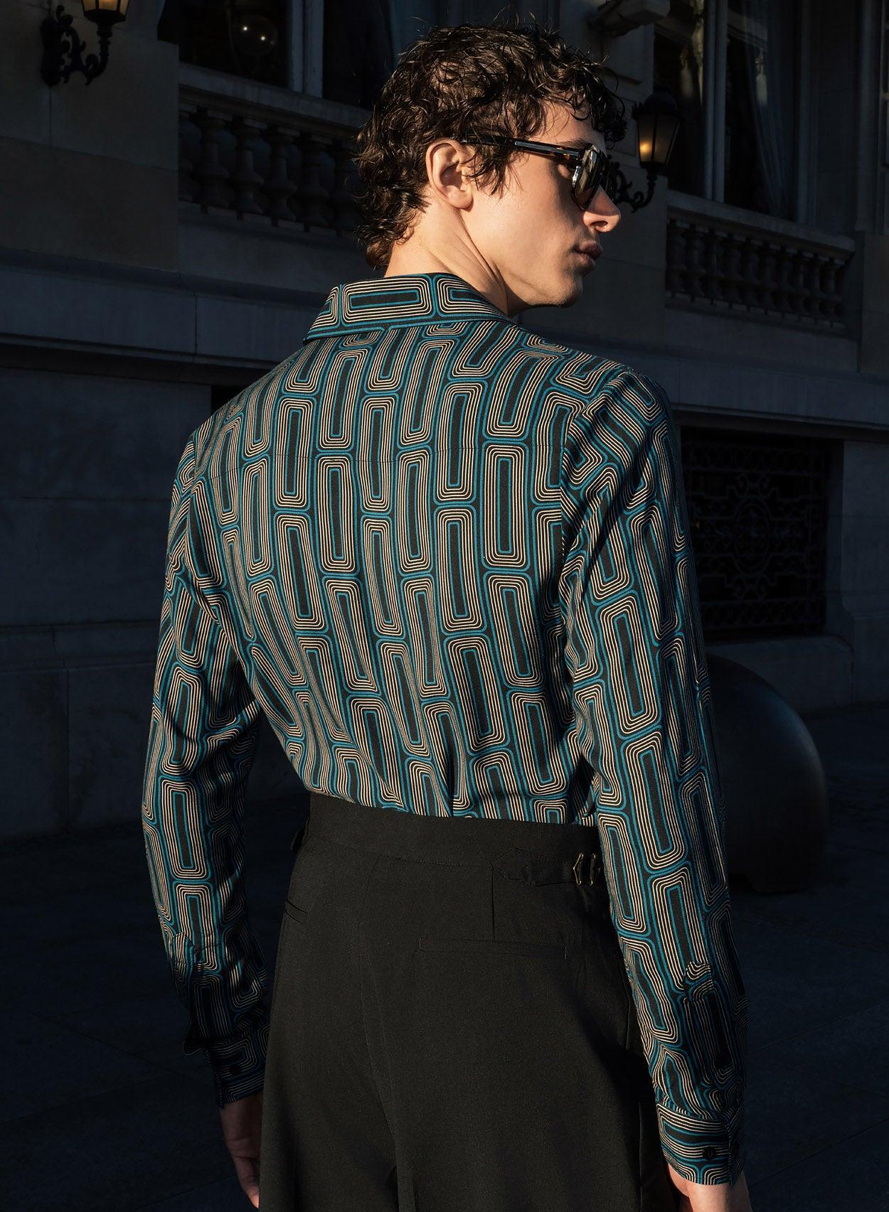 Blue 70's Geometric Viscose Shirt - Image 4