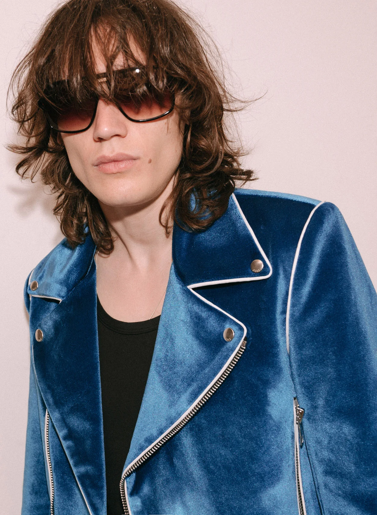 Blue Velvet Piped Biker Jacket - Image 4