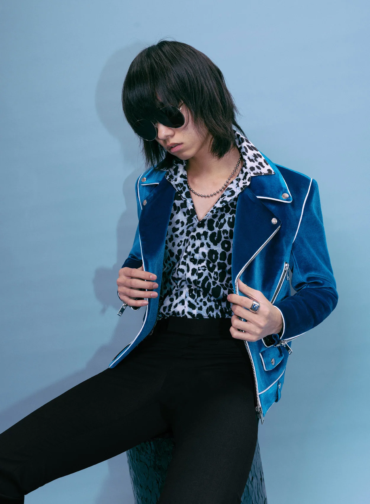 Blue Velvet Piped Biker Jacket - Image 6