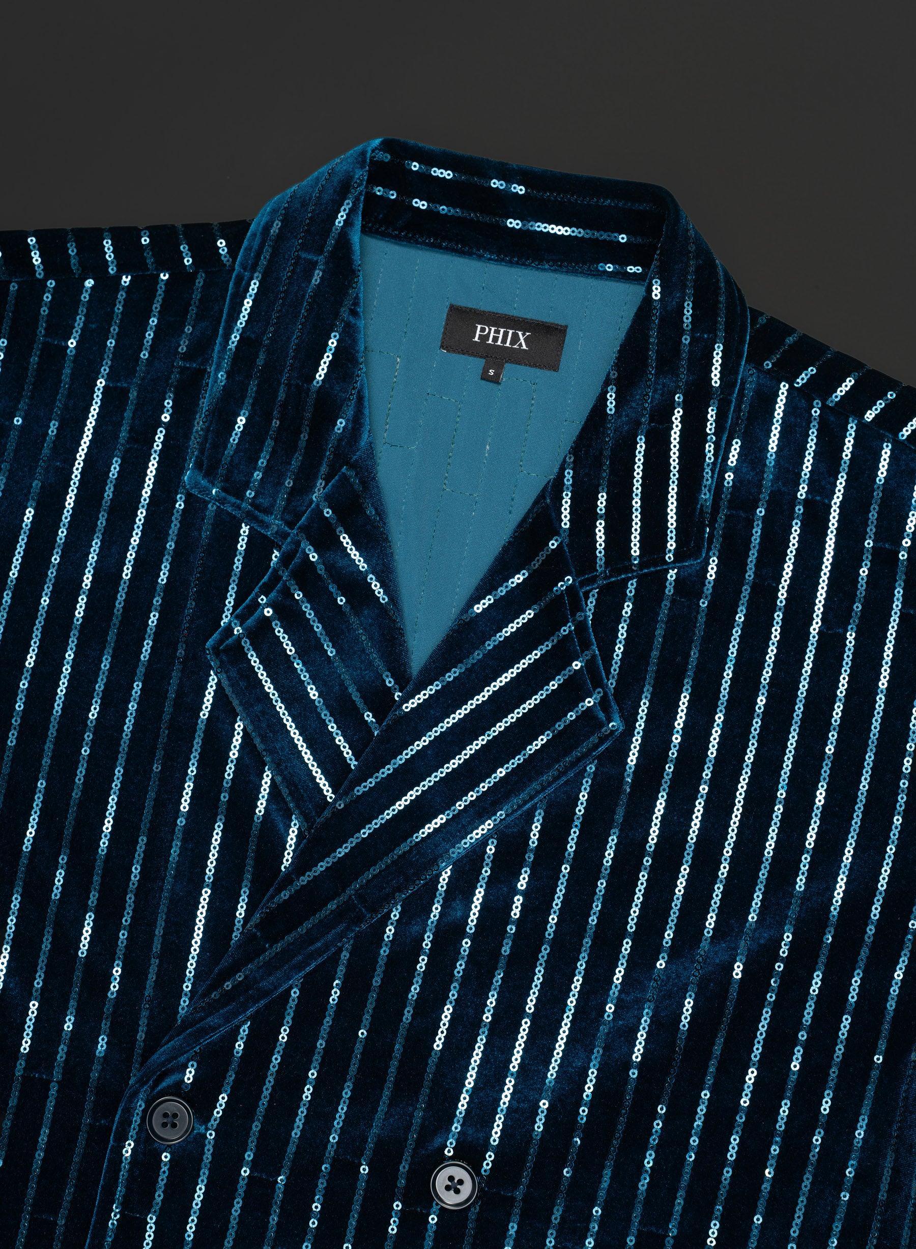Blue Velvet Sequin Pinstripe Double Breasted Shirt - Image 4