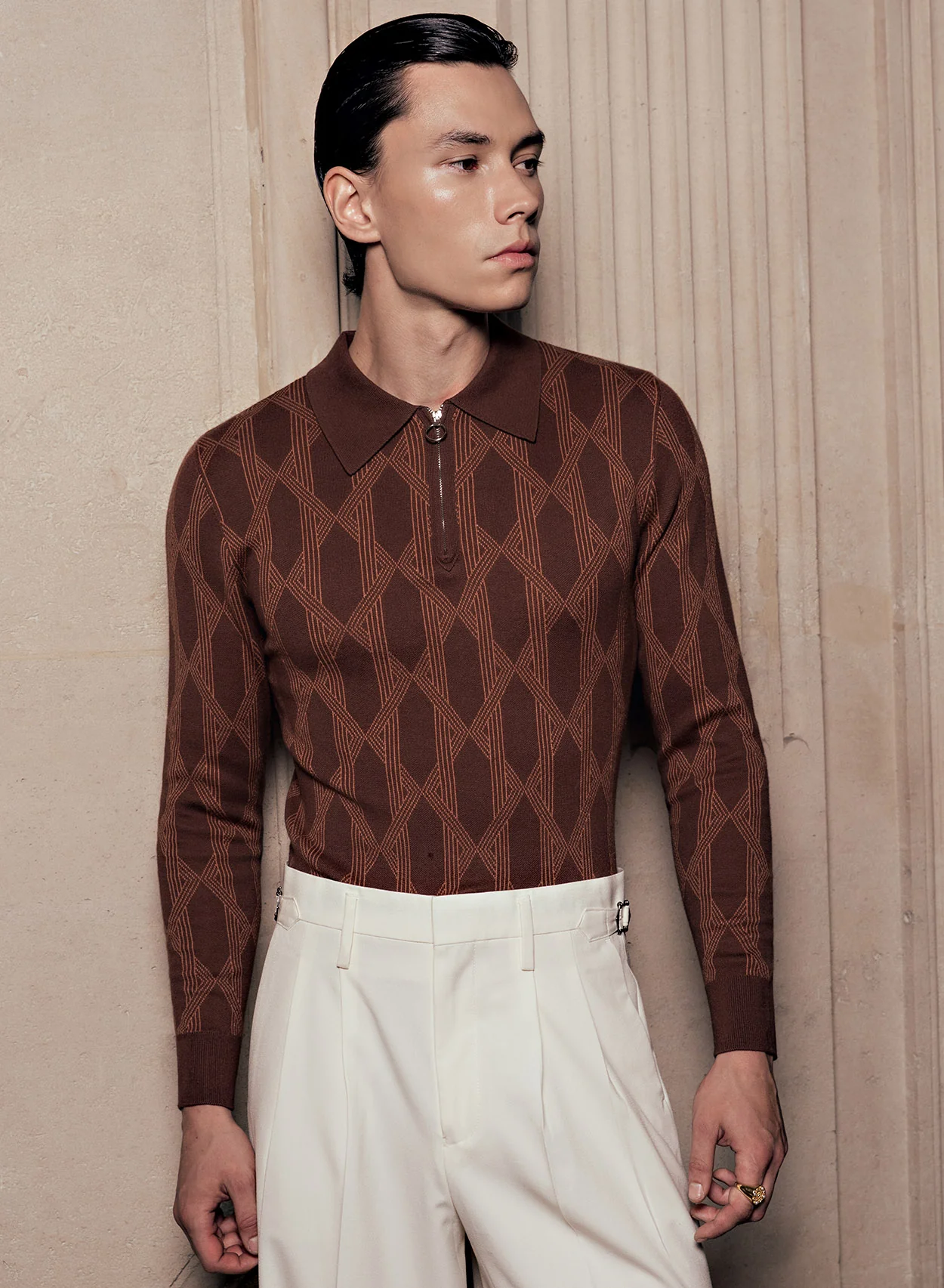 Brown Geometric Interlock Print Long Sleeve Knitted Polo