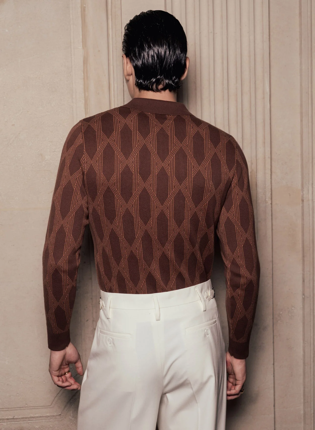Brown Geometric Interlock Print Long Sleeve Knitted Polo - Image 3