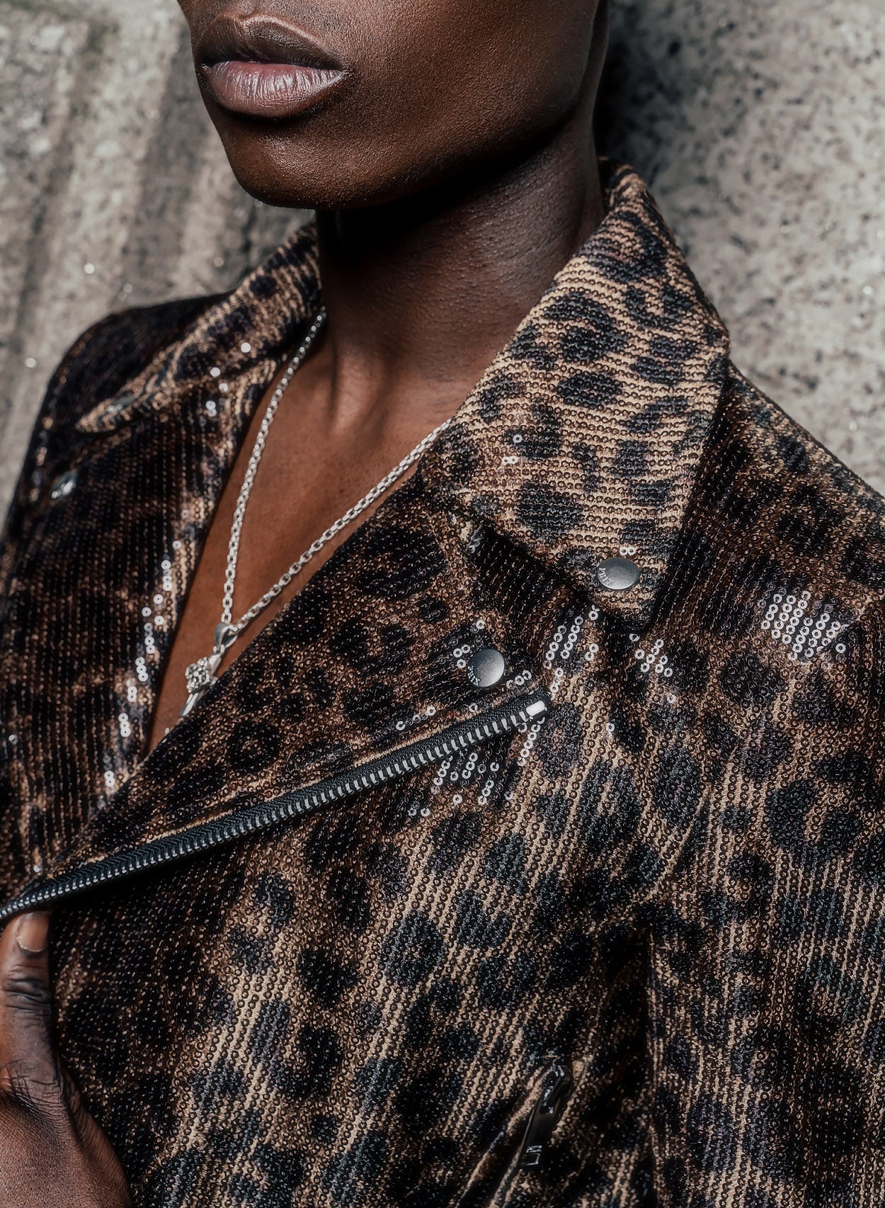 Brown Leopard Print Sequin Biker Jacket - Image 2
