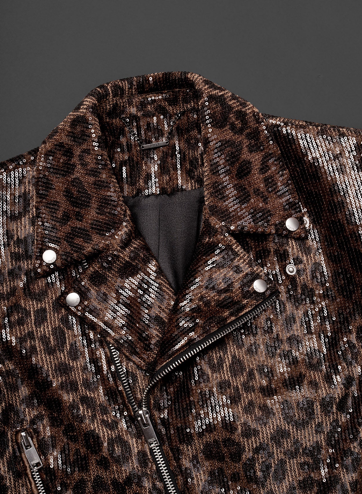 Brown Leopard Print Sequin Biker Jacket - Image 3