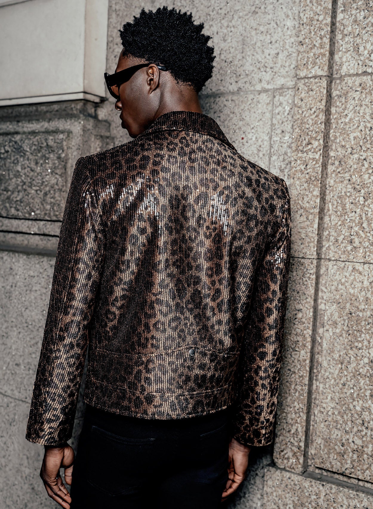 Brown Leopard Print Sequin Biker Jacket - Image 4