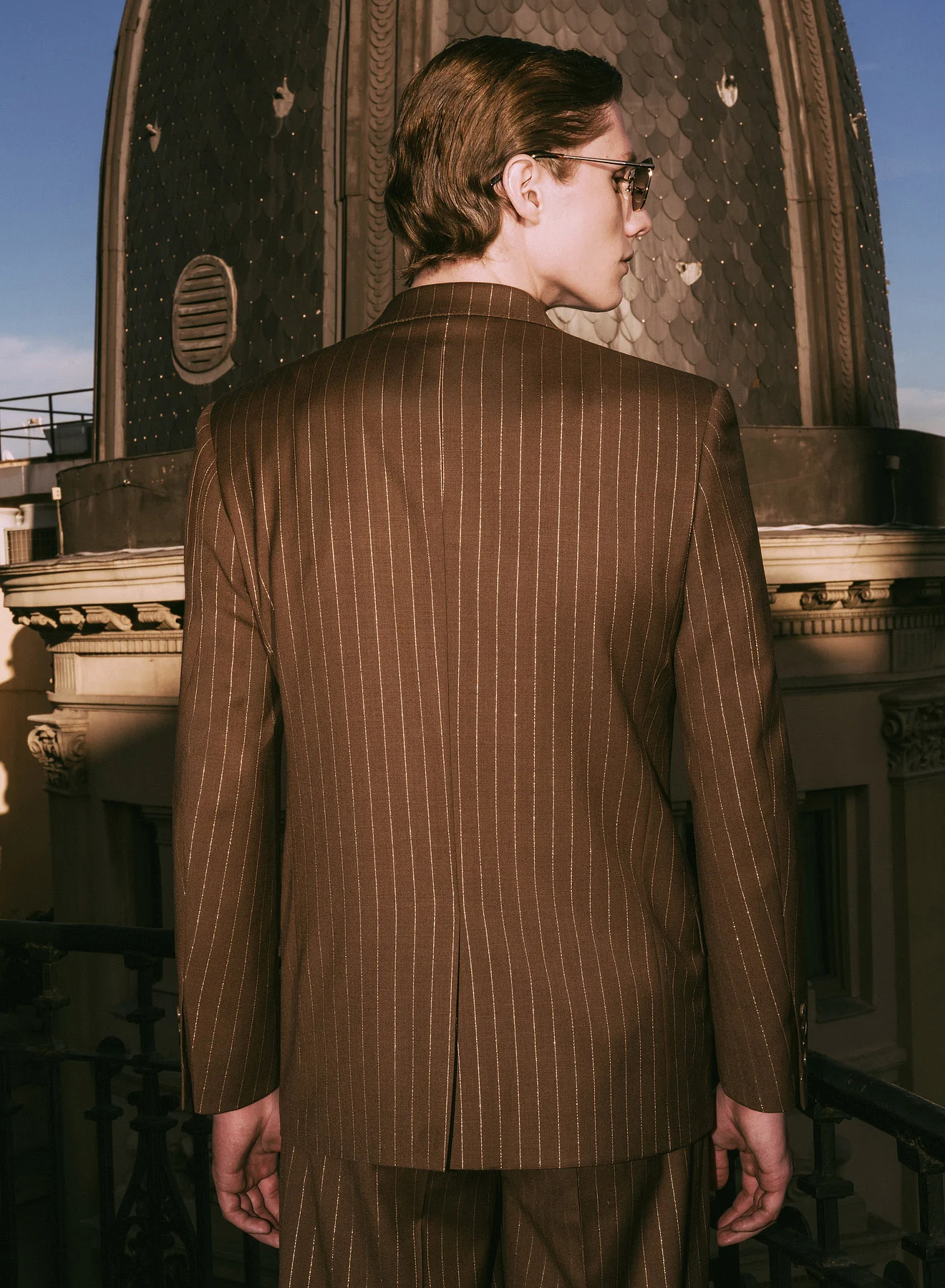 Brown Metallic Pinstripe Double Breasted Wool Blazer - Image 4