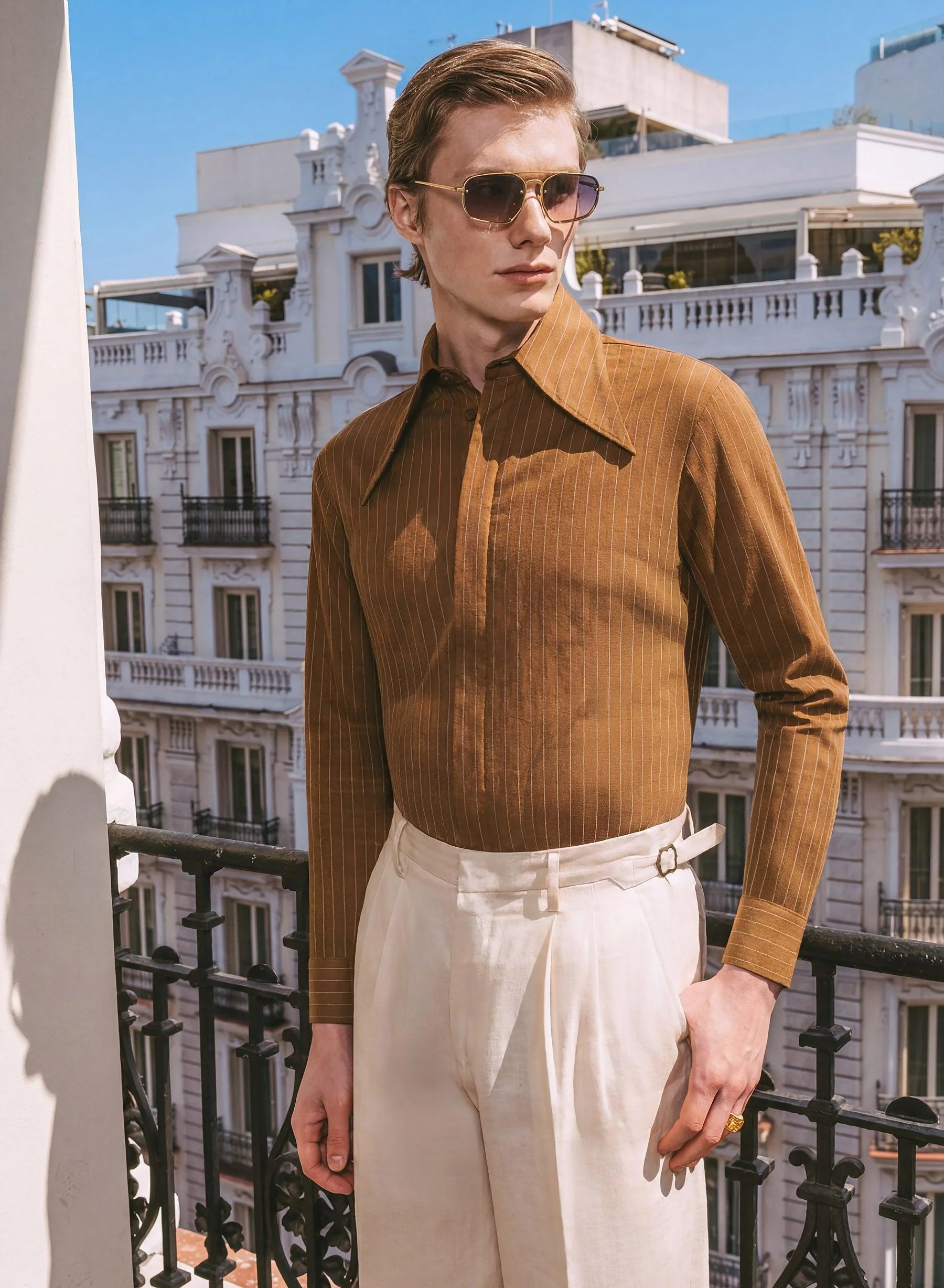 Brown Linen Pinstripe Dagger Collar Shirt - Image 4