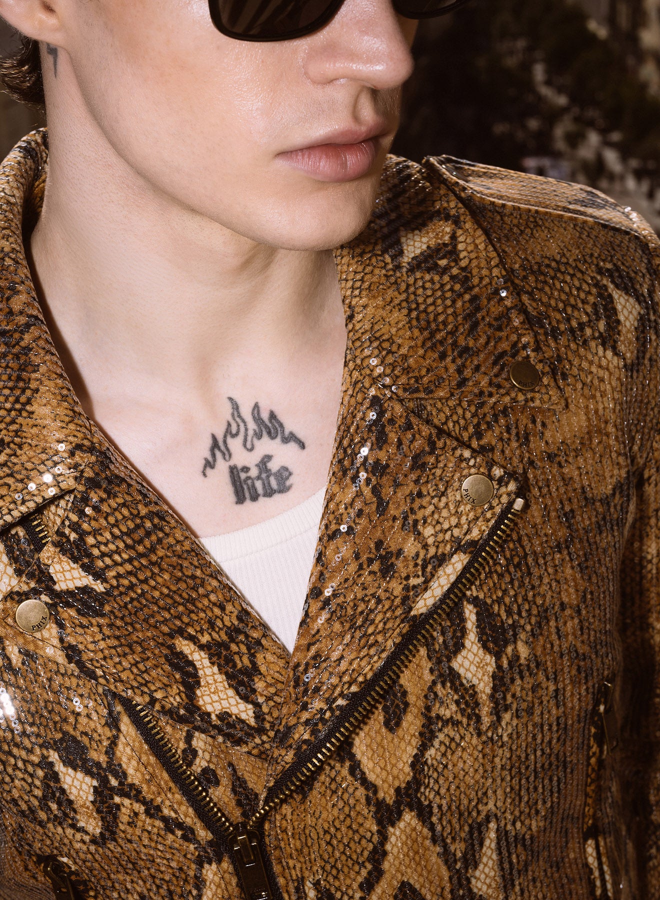 Brown Snake Effect Sequin Biker Jacket - Image 3