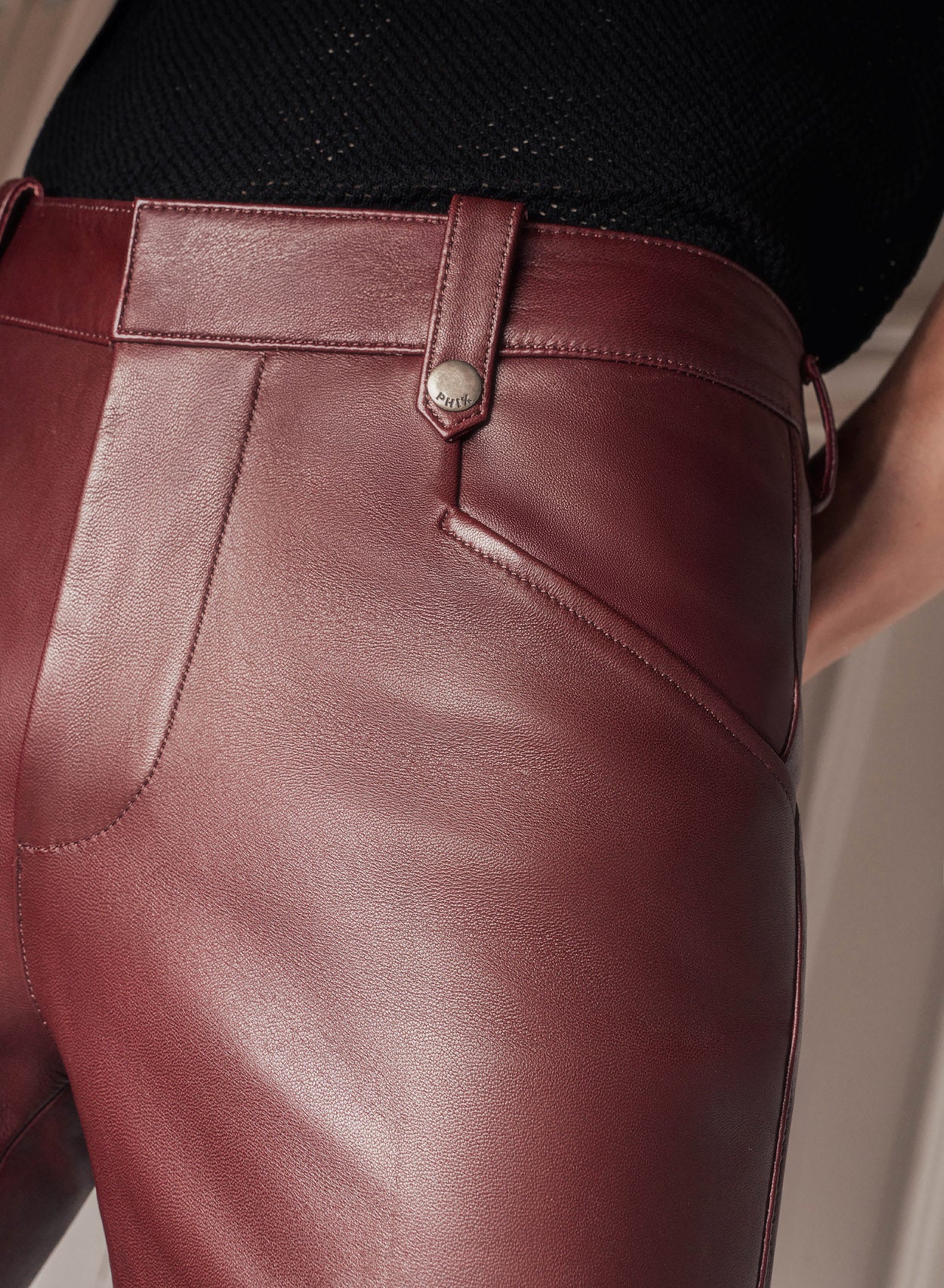 Burgundy Leather Pin Belt Flared Trousers - Image 4