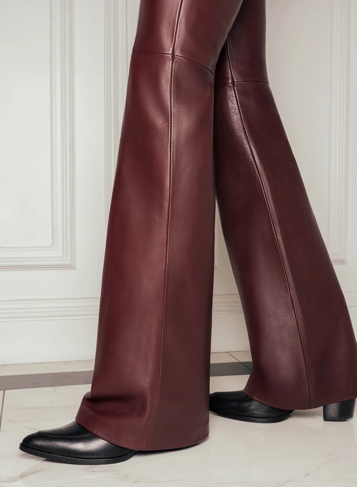 Burgundy Leather Pin Belt Flared Trousers - Image 5