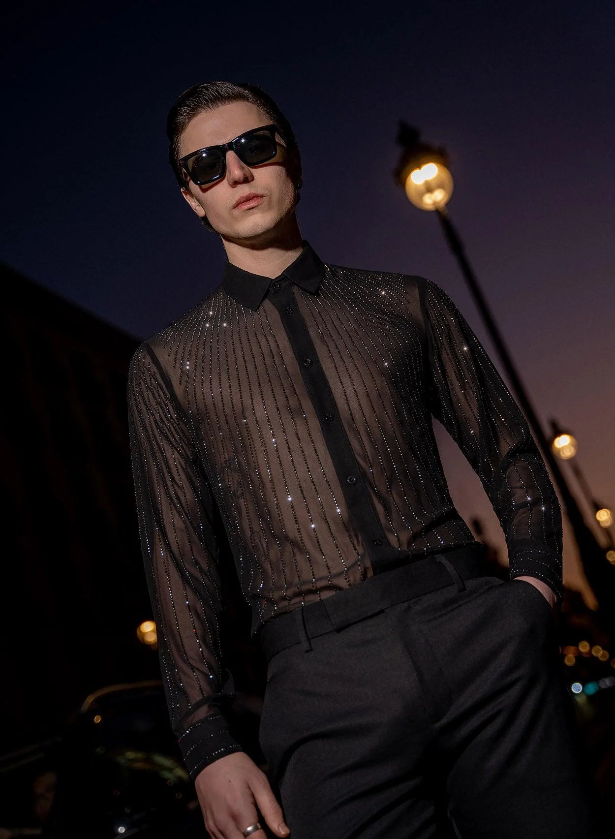 Black Chiffon Sequin Button Down Shirt - Image 4