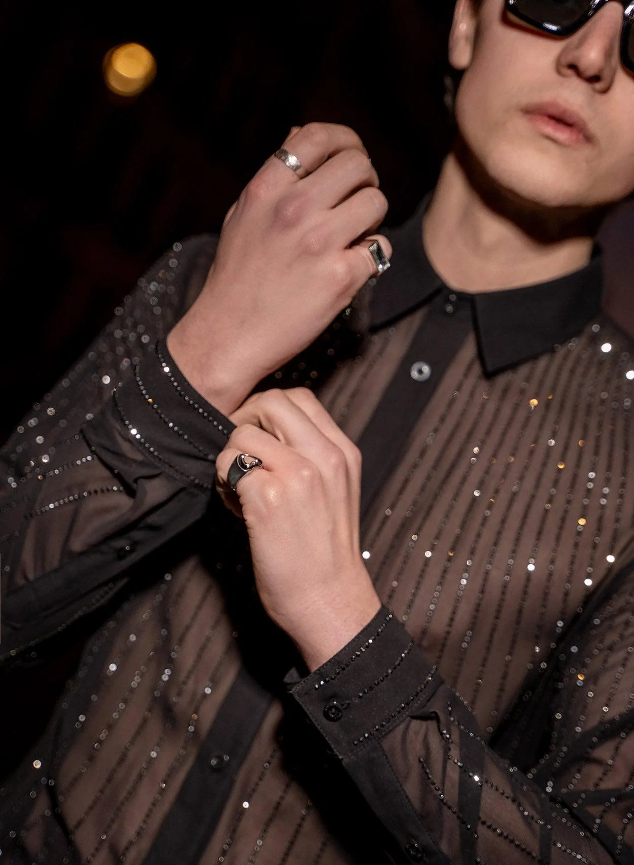 Black Chiffon Sequin Button Down Shirt - Image 5
