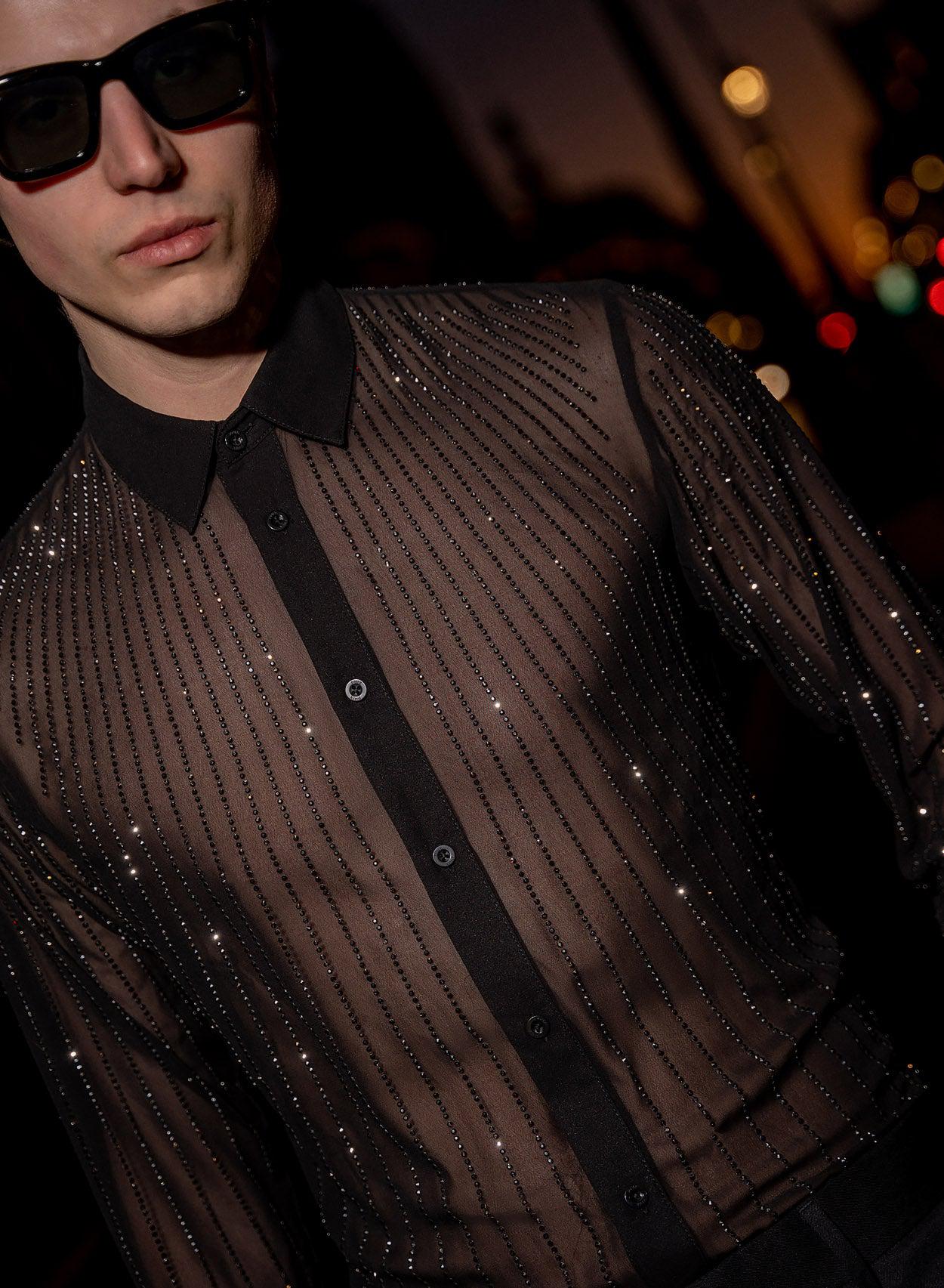 Black Chiffon Sequin Button Down Shirt - Image 6