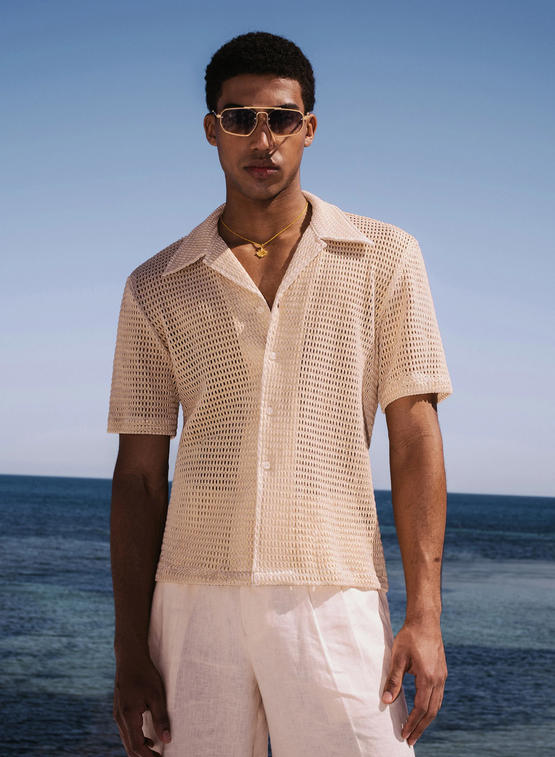 Gold Metallic Crochet Cuban Shirt - Image 2