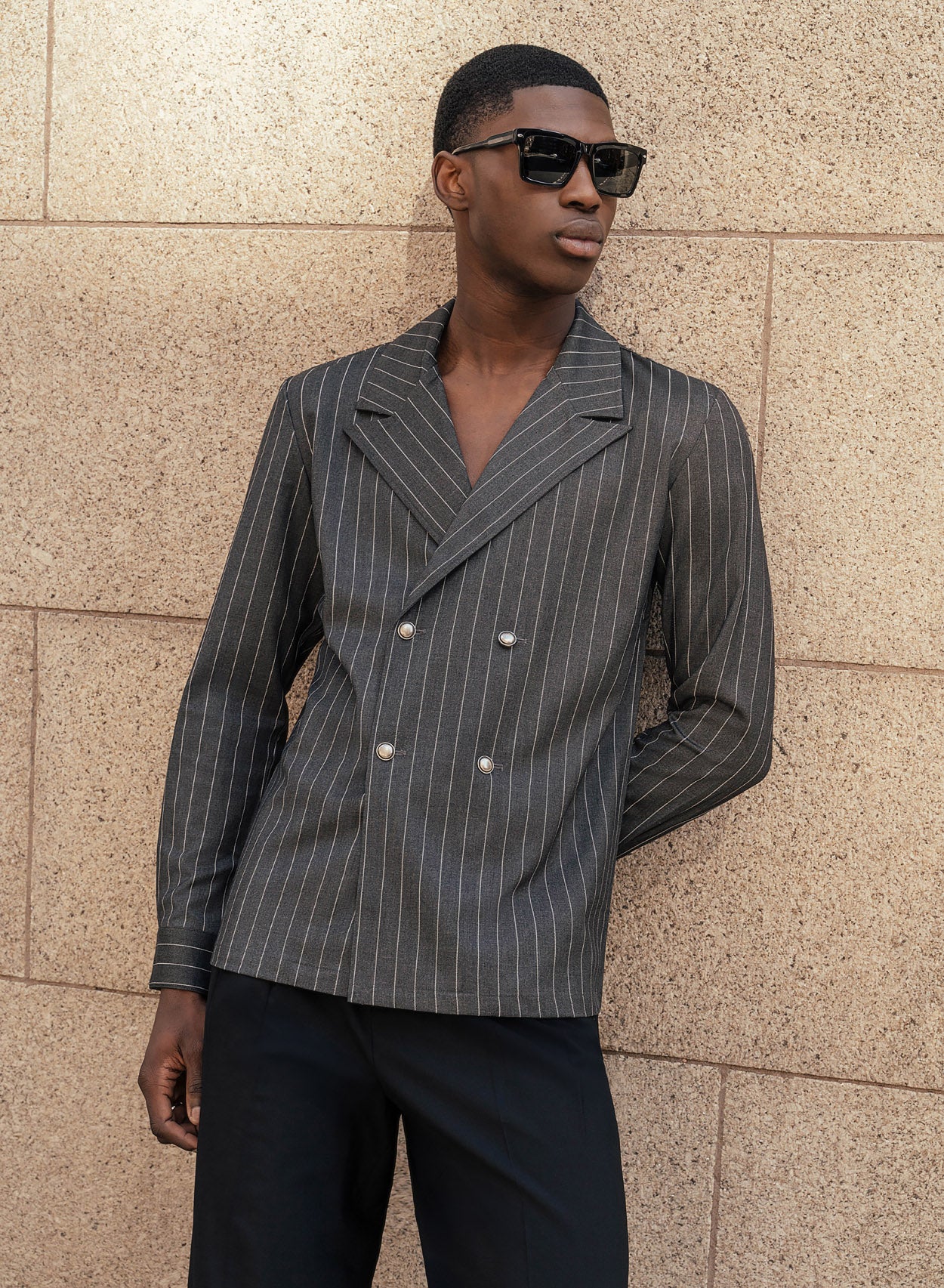 Grey Double Breasted Pinstripe Shirt - Image 4