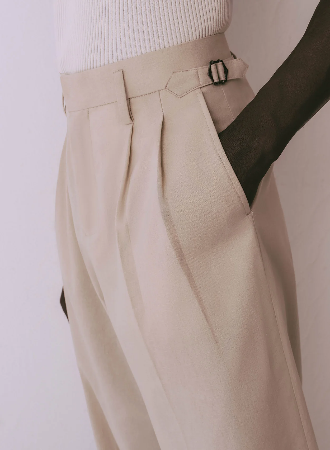Ivory Linen High Waisted Side Buckle Flare Trousers - Image 2