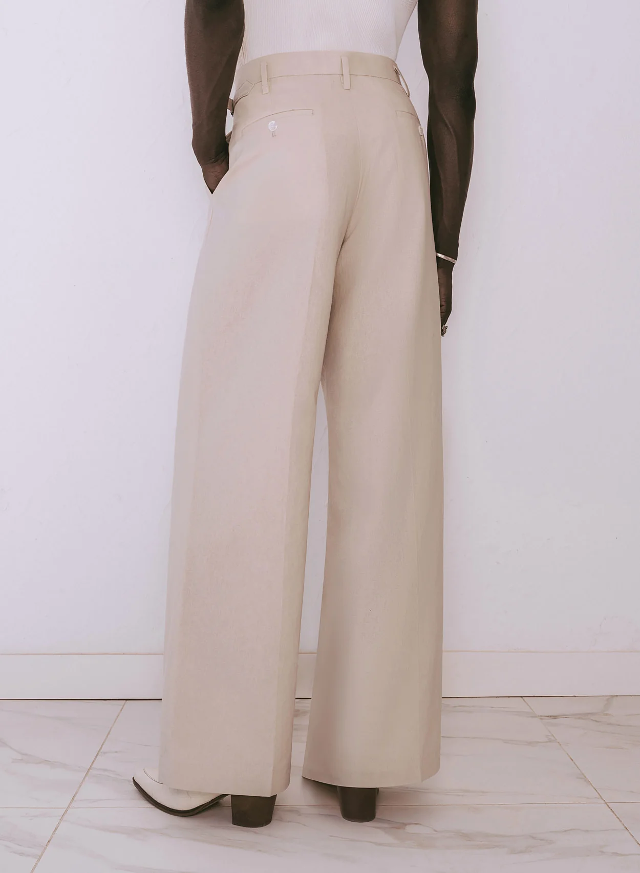 Ivory Linen High Waisted Side Buckle Flare Trousers - Image 5