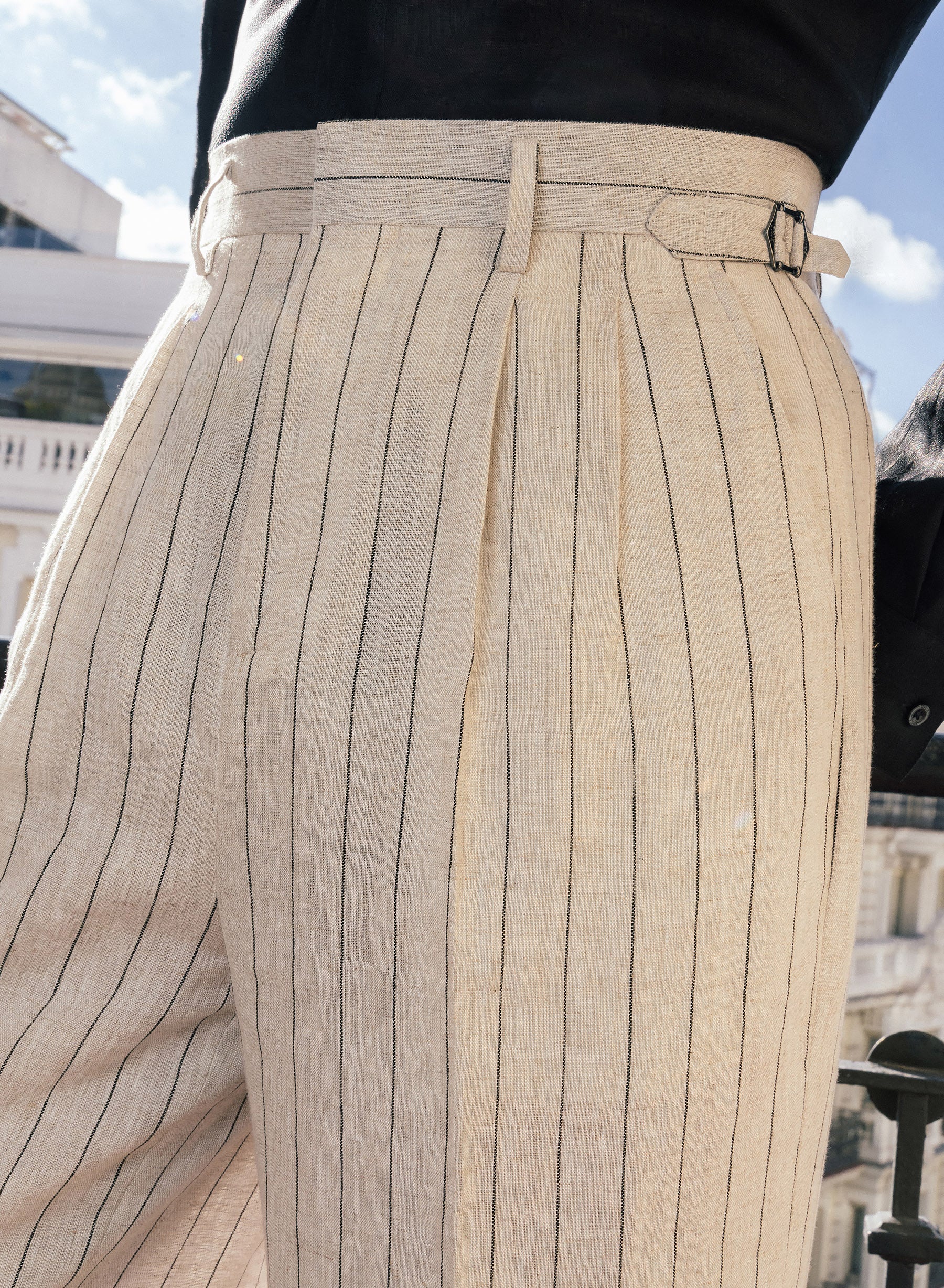 Ivory Linen Black Pinstripe Side Buckle Wide Leg Trousers - Image 2