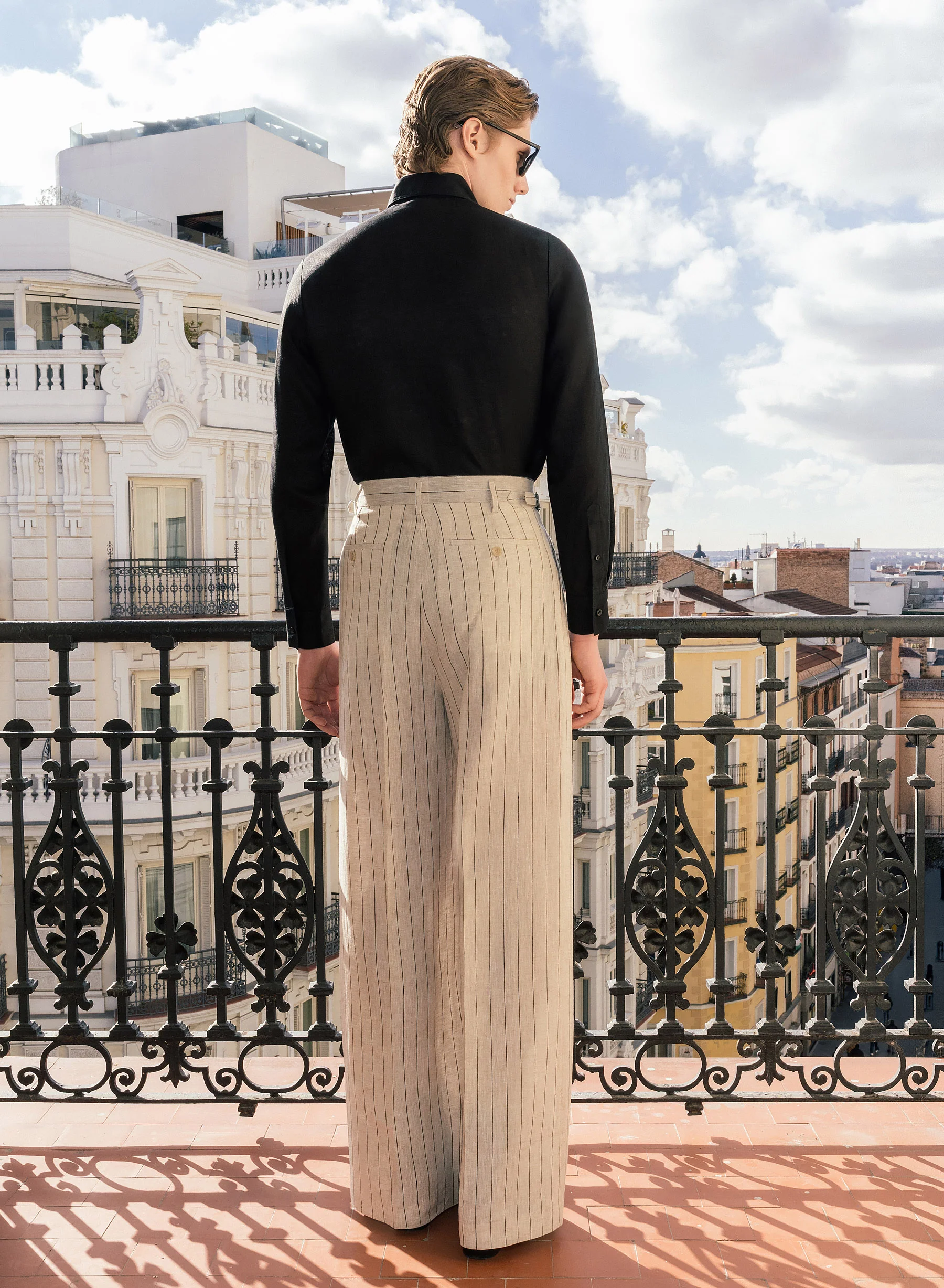 Ivory Linen Black Pinstripe Side Buckle Wide Leg Trousers - Image 4