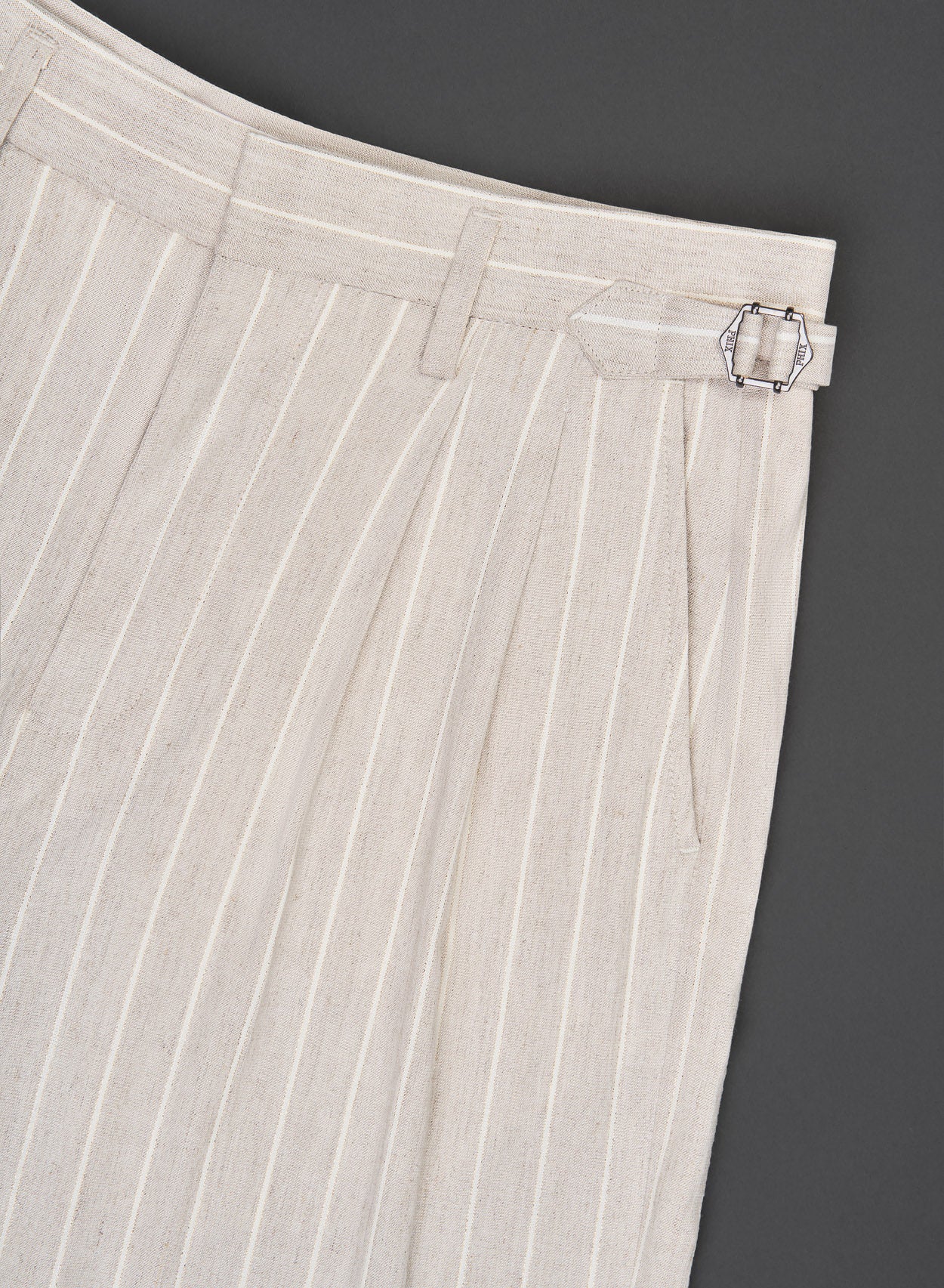 Ivory Linen Pin Stripe High Waisted Side Buckle Trousers - Image 4
