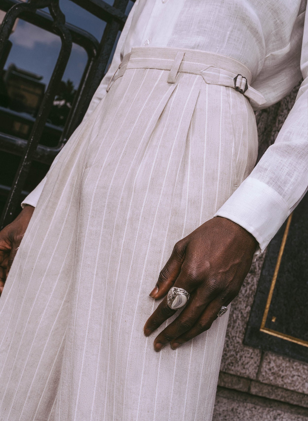 Ivory Linen Pin Stripe High Waisted Side Buckle Trousers - Image 5