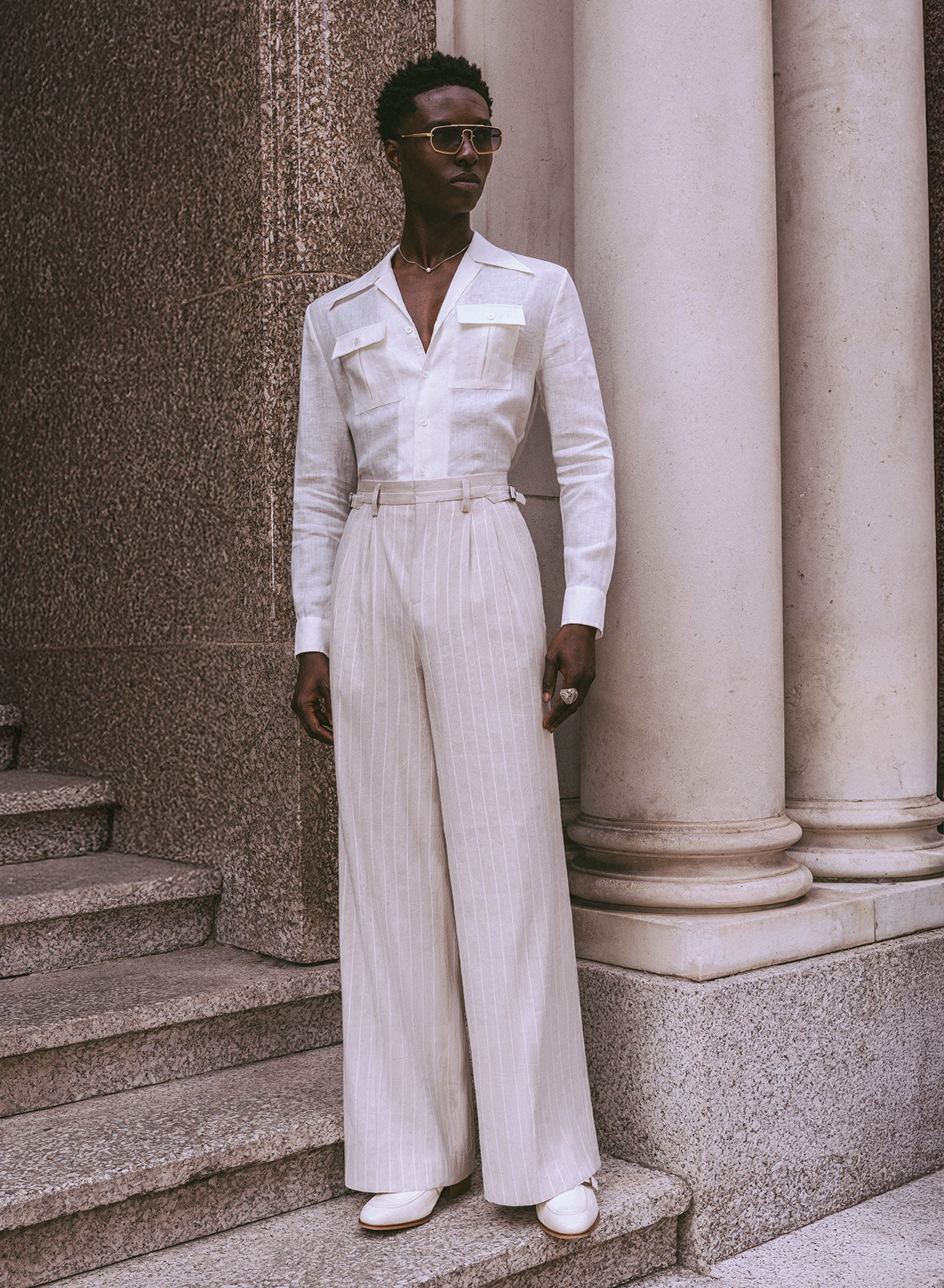 Ivory Linen Pin Stripe High Waisted Side Buckle Trousers - Image 6