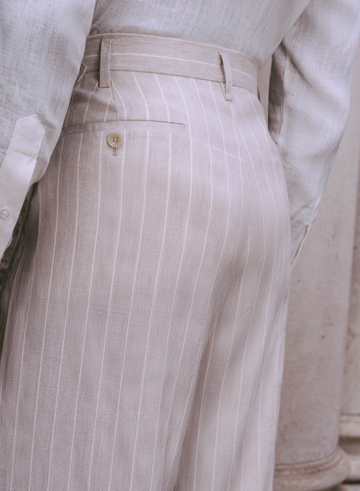 Ivory Linen Pin Stripe High Waisted Side Buckle Trousers - Image 7