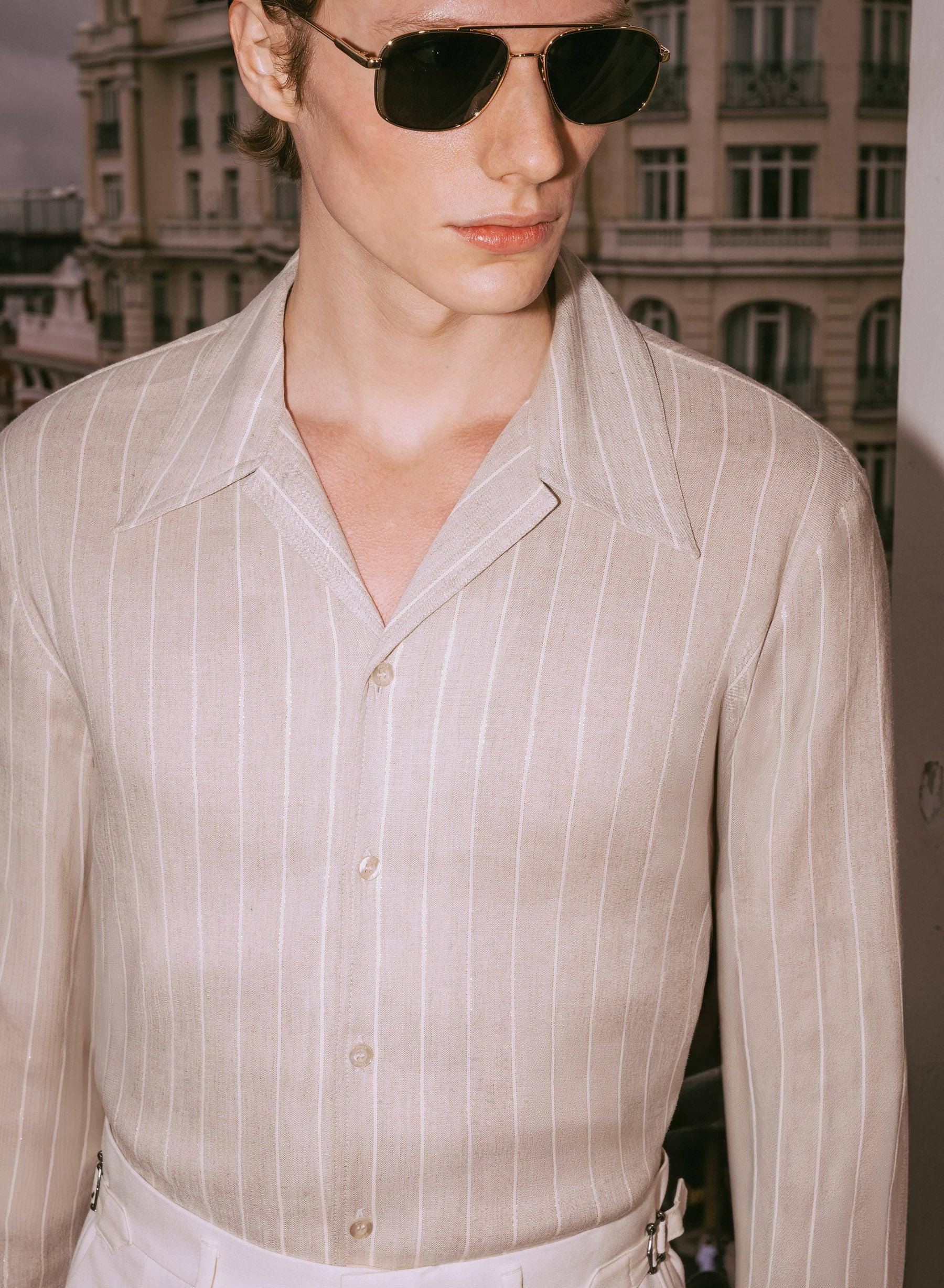 Ivory Linen Pinstripe Cuban Long Sleeve Shirt - Image 2