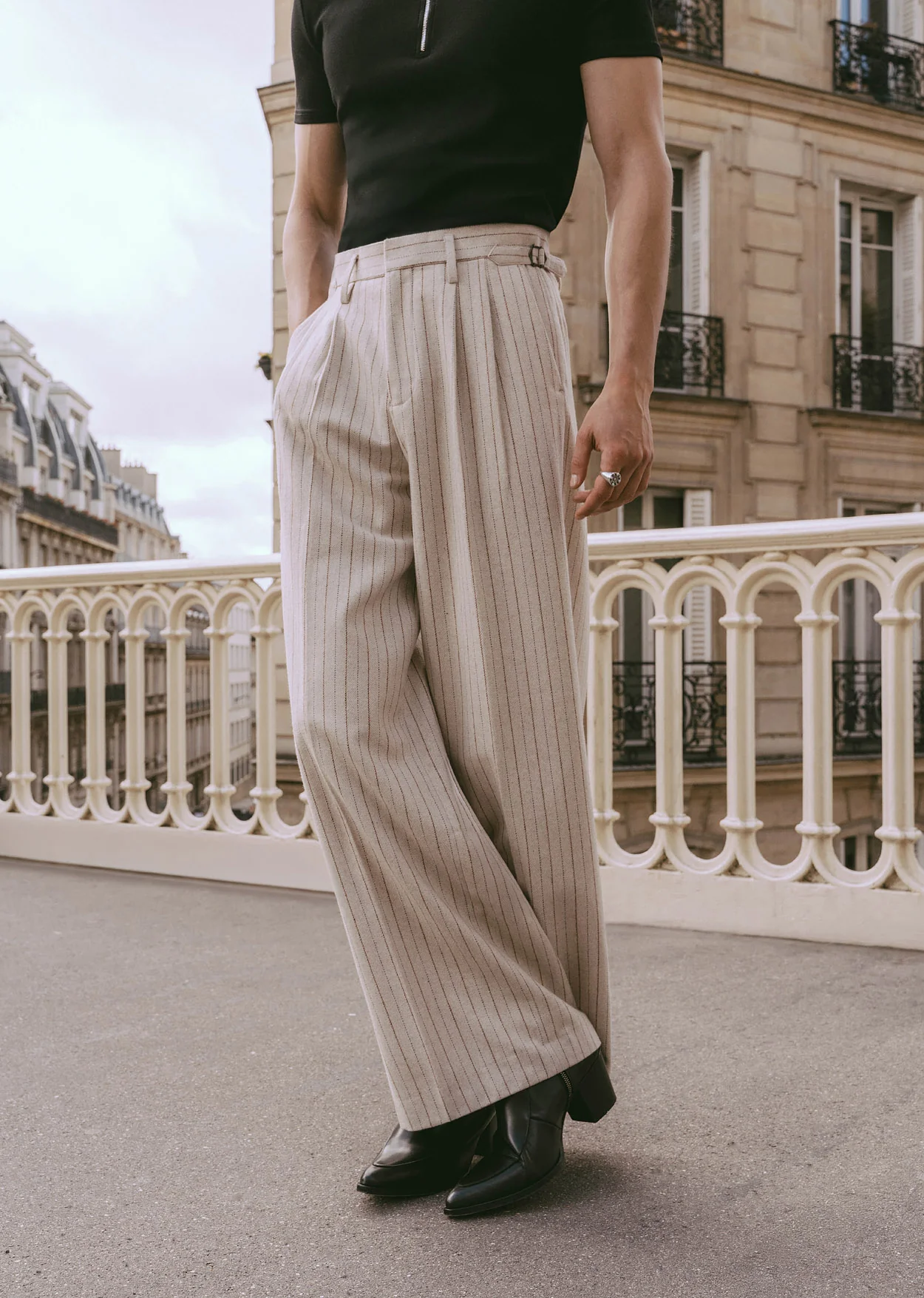 Ivory Pinstripe Herringbone High Waisted Side Buckle Flare Trousers - Image 4