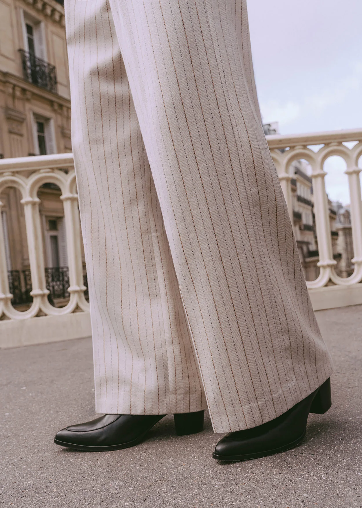 Ivory Pinstripe Herringbone High Waisted Side Buckle Flare Trousers - Image 7