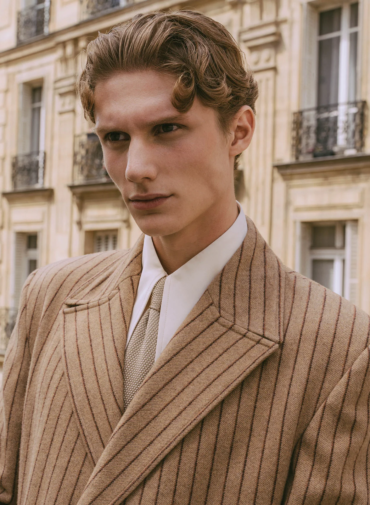 Kensington Double-breasted Striped Wool Beige Coat - Image 3