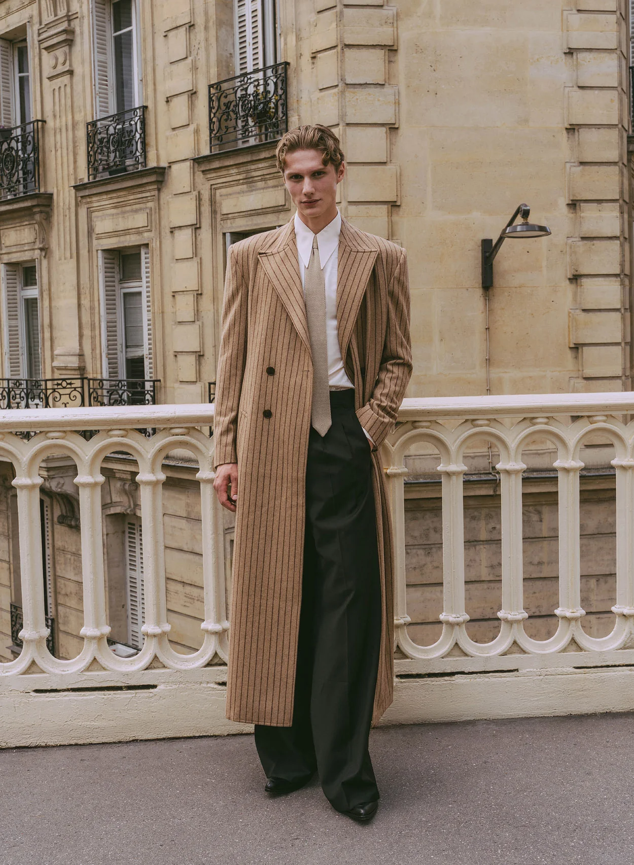 Kensington Double-breasted Striped Wool Beige Coat - Image 5