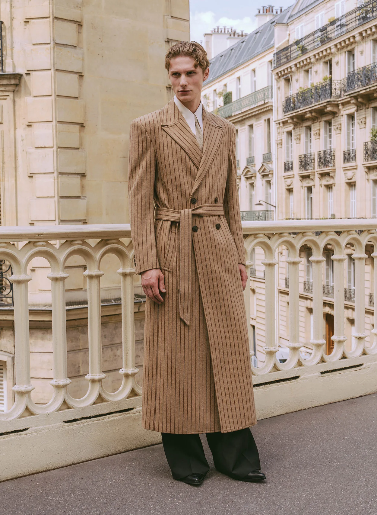 Kensington Double-breasted Striped Wool Beige Coat - Image 6