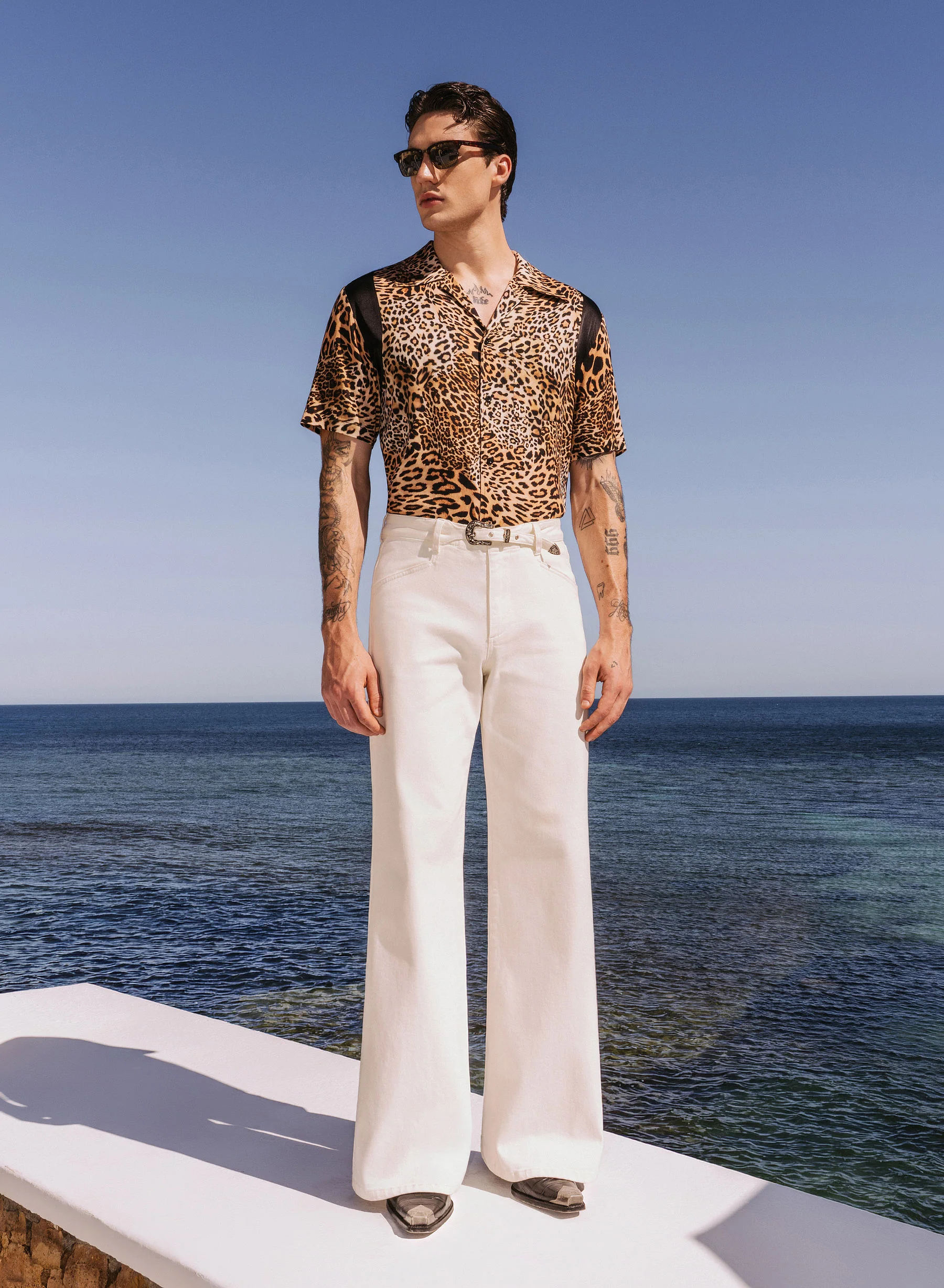 Leopard Print Black Panel Cuban Collar Viscose Shirt - Image 3