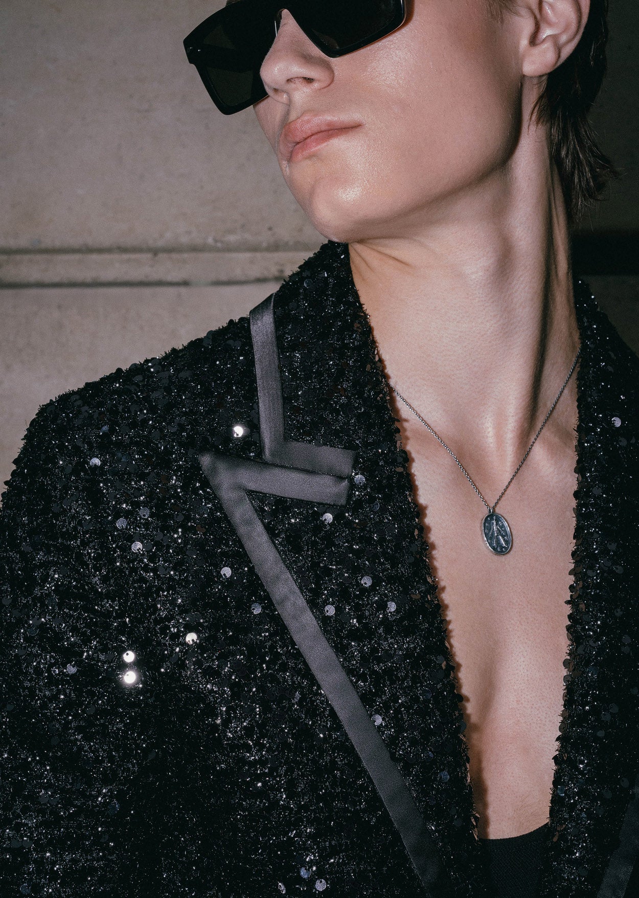 Black Sequin With Satin Trim Lapel Blazer - Image 2
