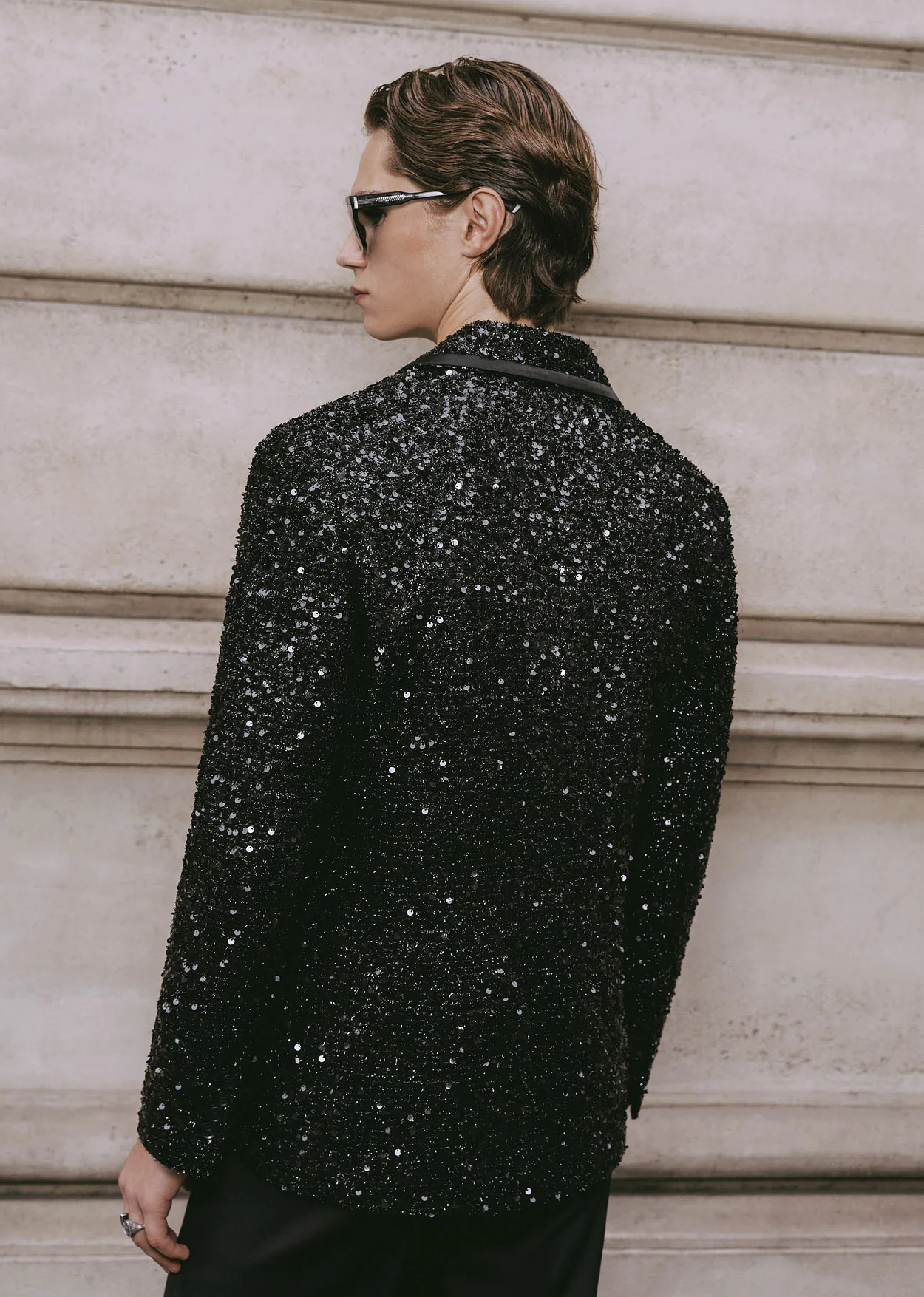 Black Sequin With Satin Trim Lapel Blazer - Image 4