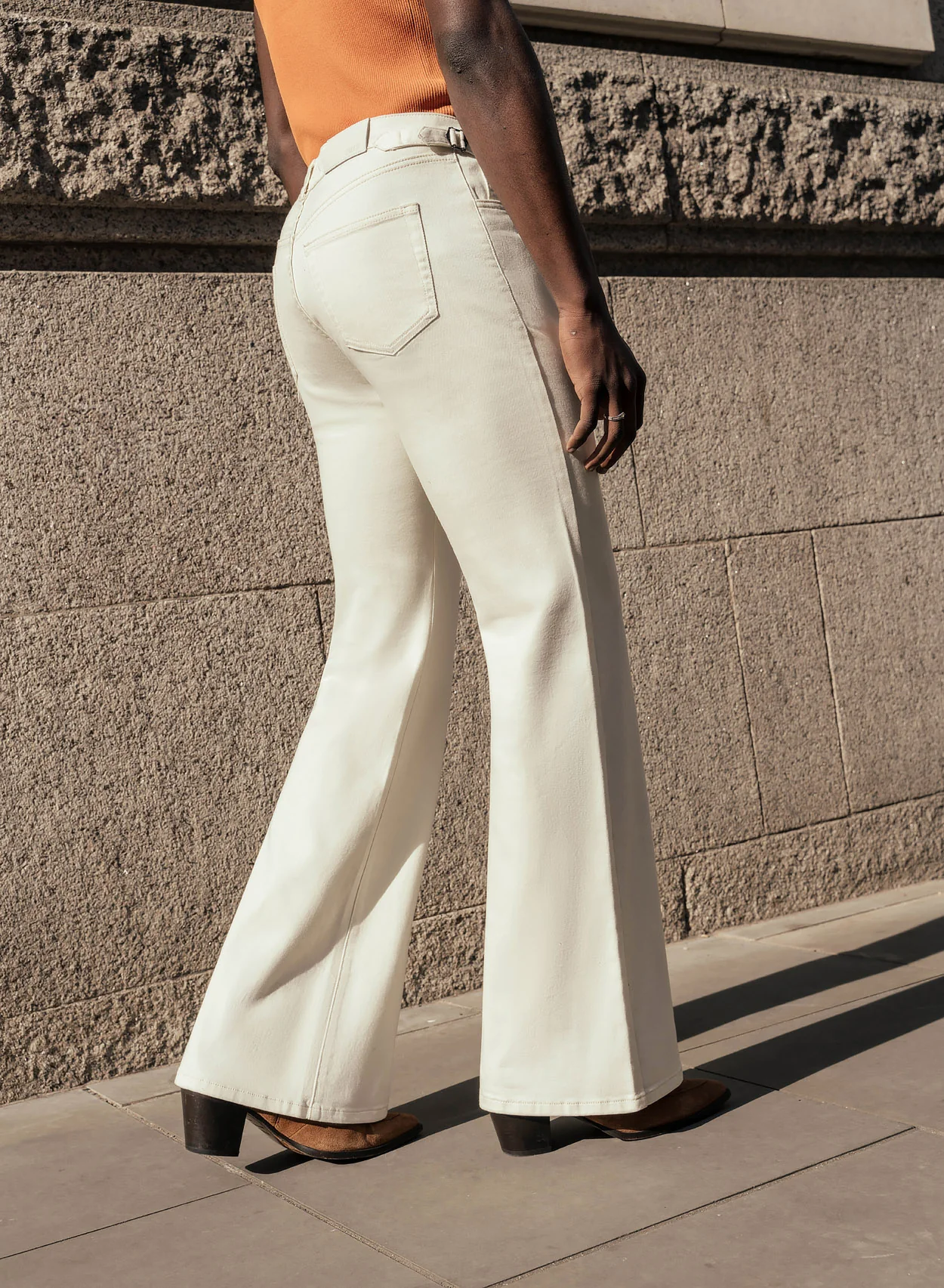 Off White High Waisted Denim Flare Side Buckle Jean - Image 4