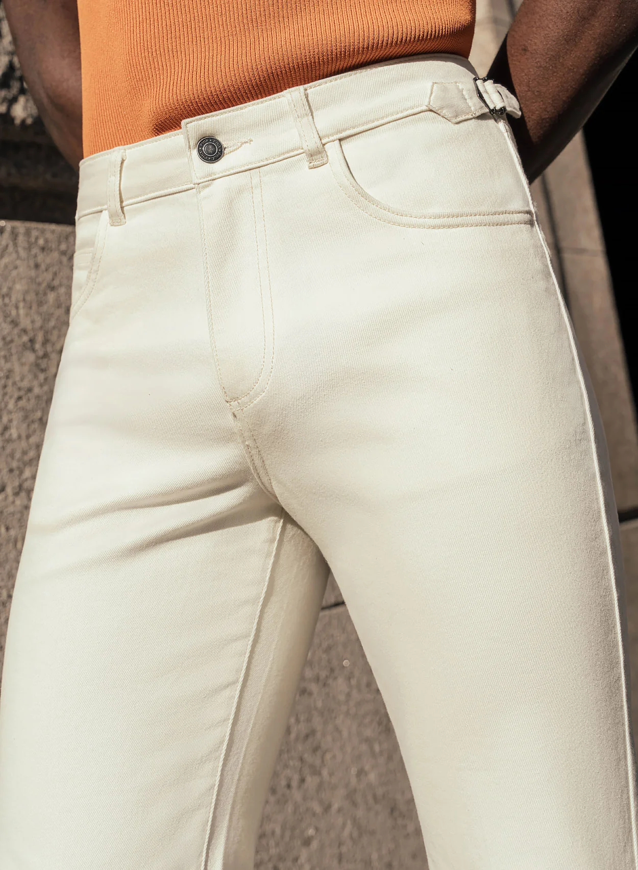 Off White High Waisted Denim Flare Side Buckle Jean - Image 6