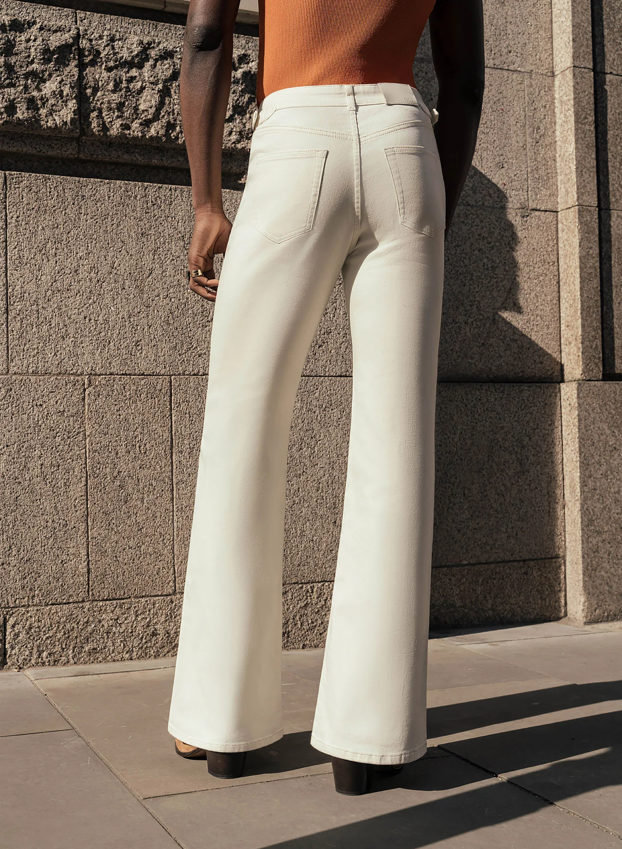 Off White High Waisted Denim Flare Side Buckle Jean - Image 8