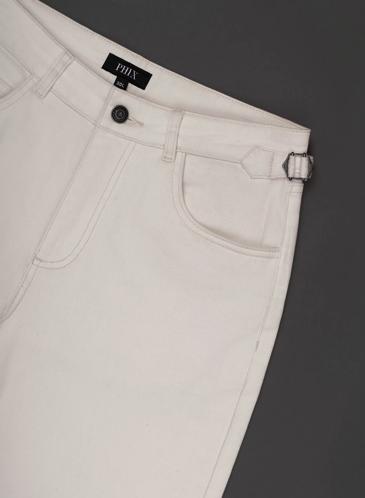 Off White High Waisted Denim Flare Side Buckle Jean - Image 9