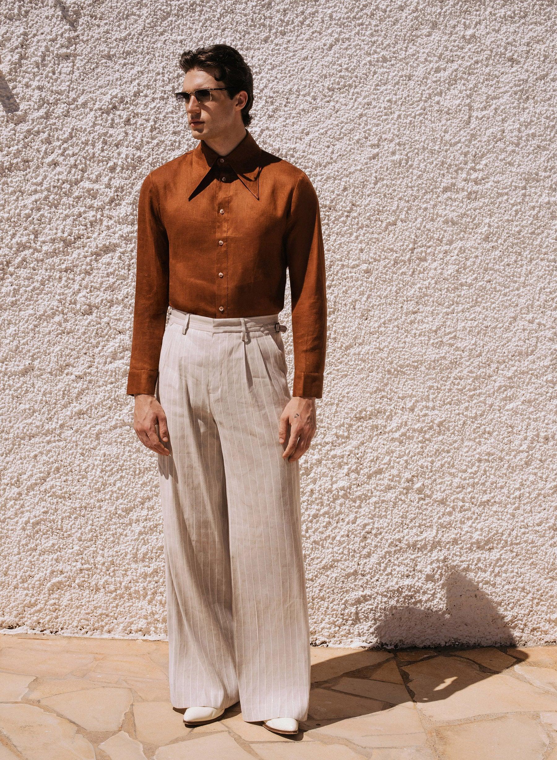 Rust Orange Pure Linen Dagger Collar Shirt - Image 4