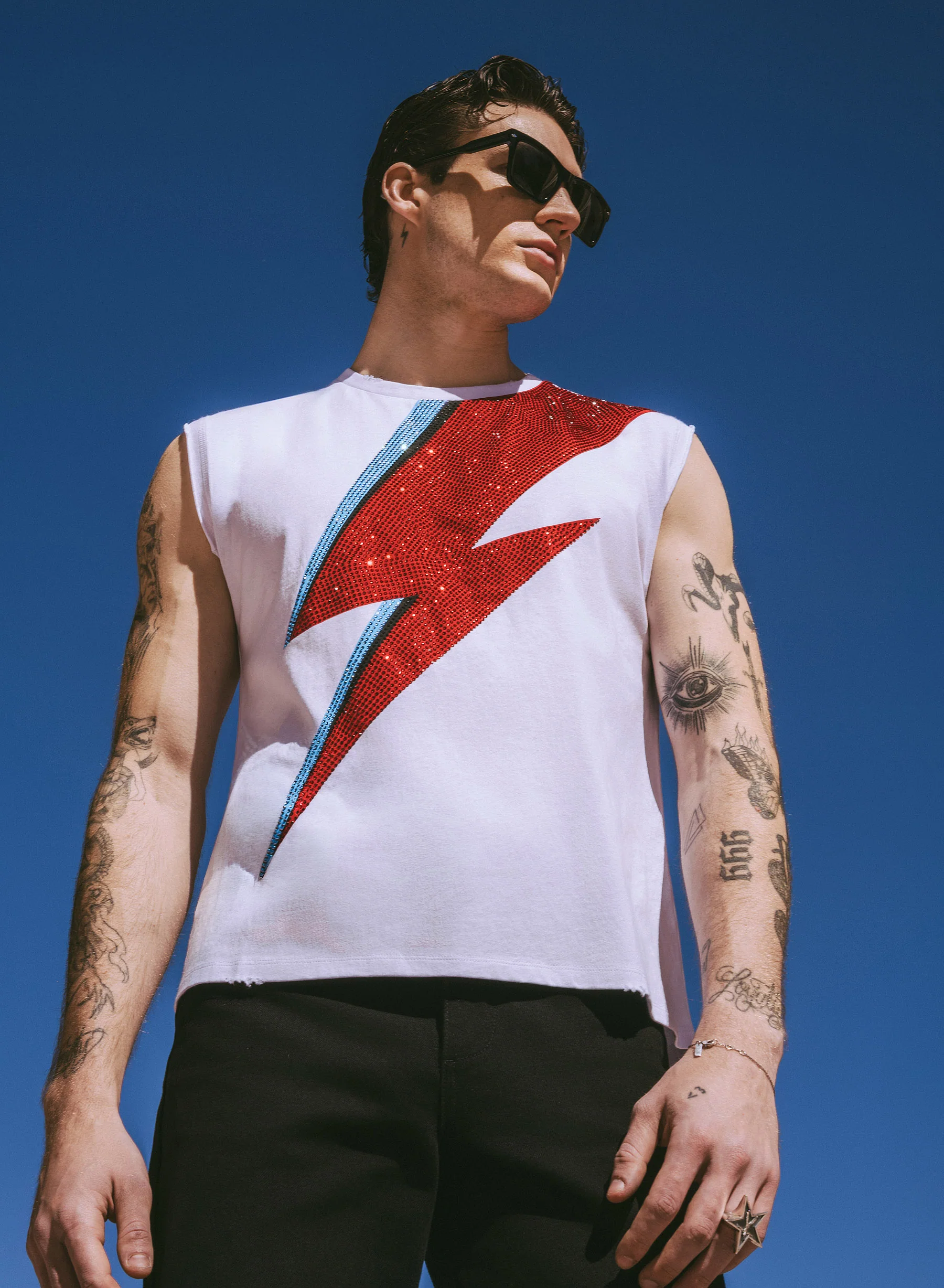 Phix X David Bowie White Sleeveless Rhinestone T-Shirt - Image 5