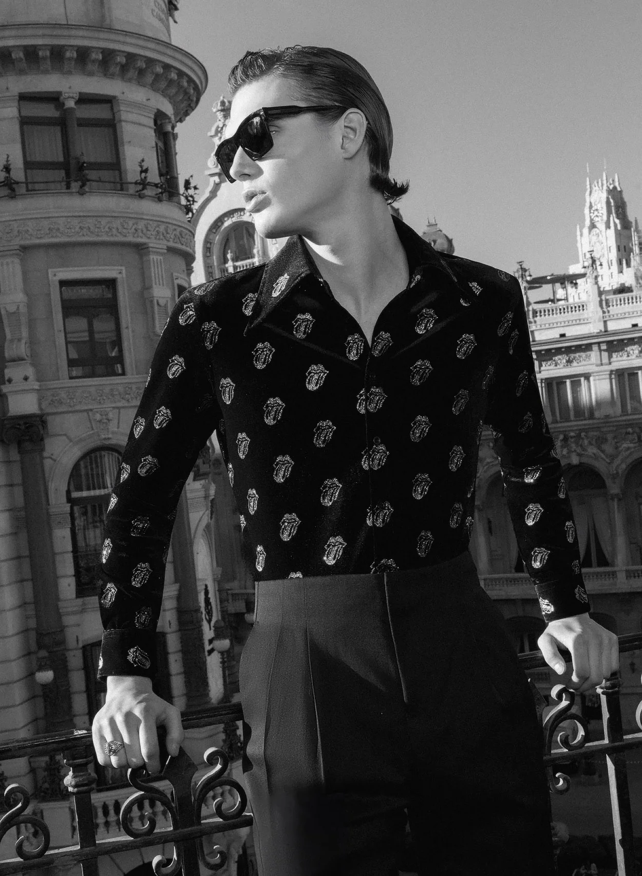 Phix X Rolling Stones Black Velvet Silver Tongue Pattern Shirt